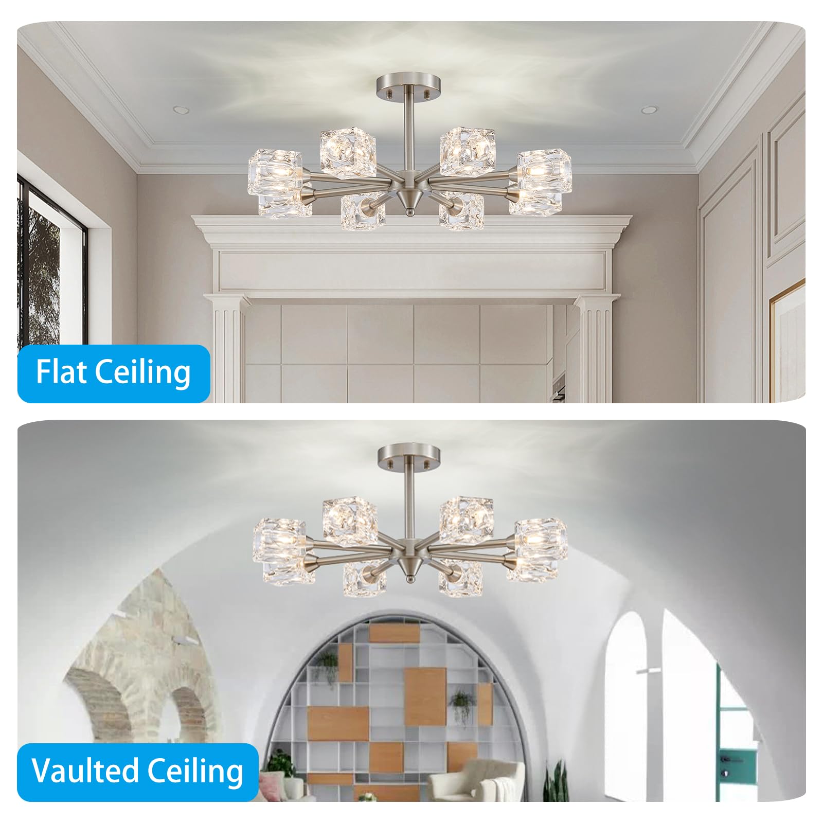 XINGQI 8-Light Sputnik Chandelier - Modern Brushed Nickel Ceiling Light for Dining Room, Living Room, Kitchen, Bedroom