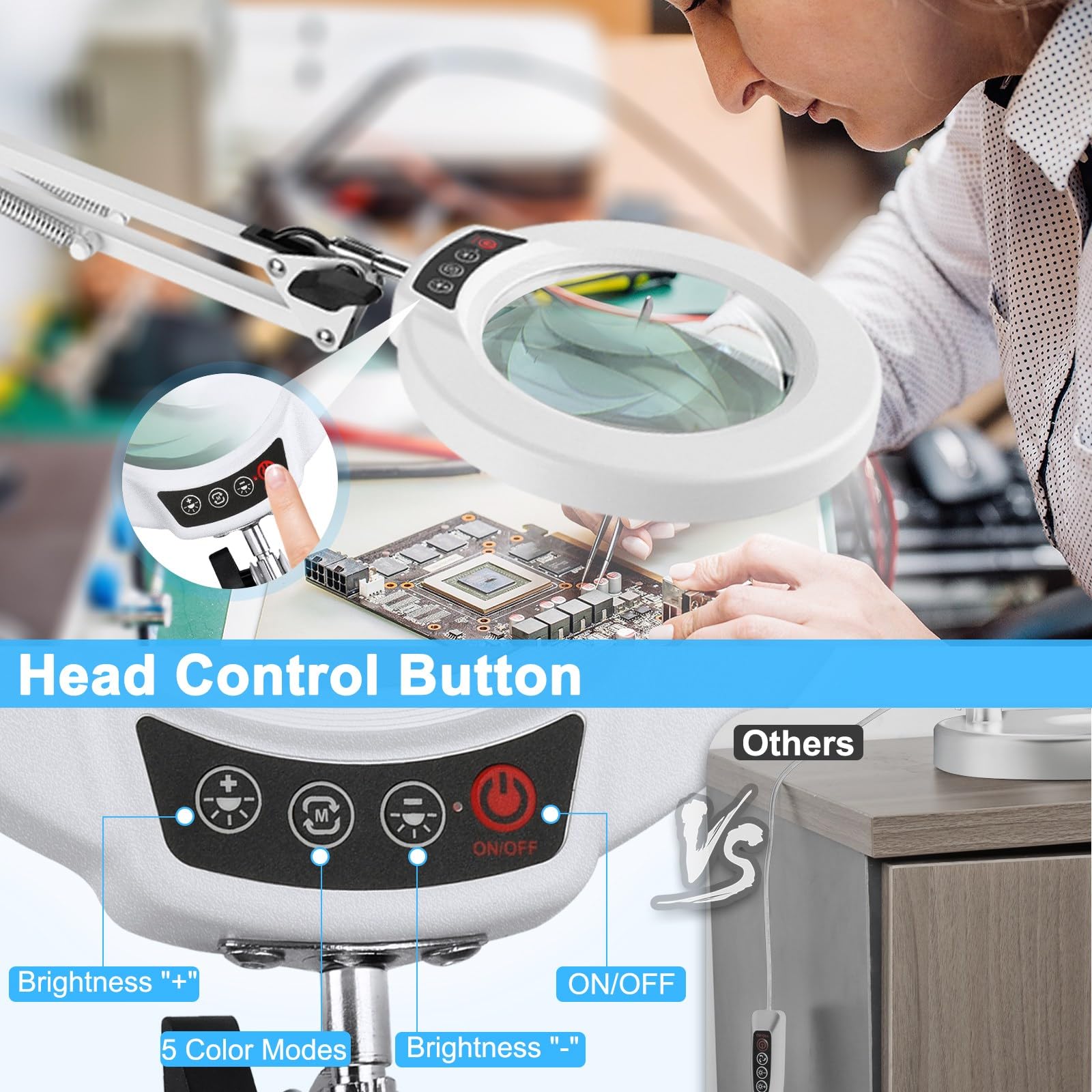 10X Magnifying Glass With Light And Stand, 5 Color Modes Stepless Dimmable 2-In-1 Lighted Magnifier With Clamp, Led Desk Lamp Ha