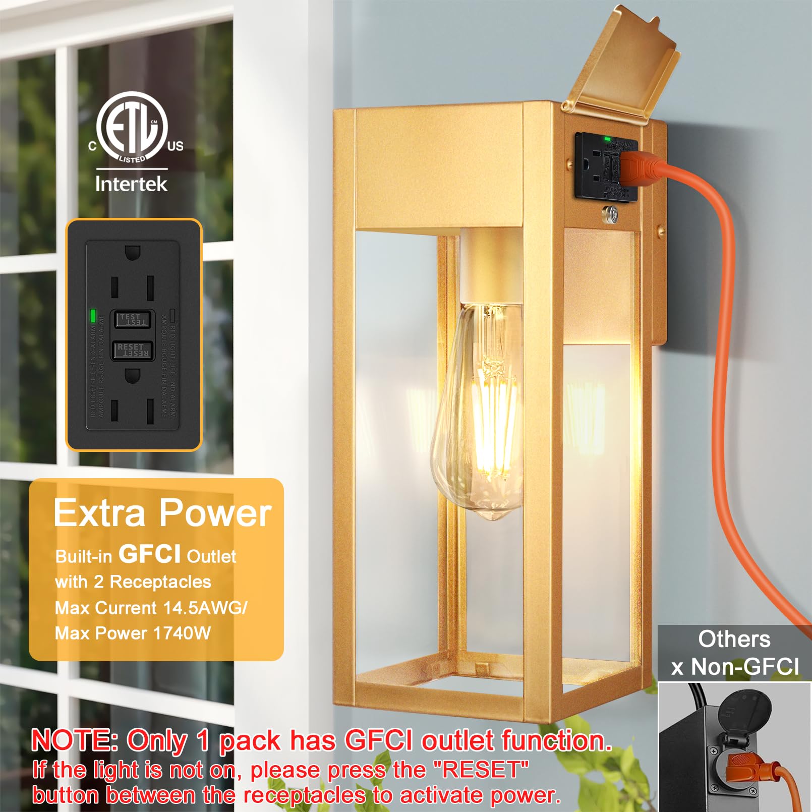 OYKYOHEI Outdoor Wall Sconce Lights, Waterproof Metal Lanterns with GFCI Outlet, No Sensor, Gold, Model TSU-B05053GP-1P-GUS