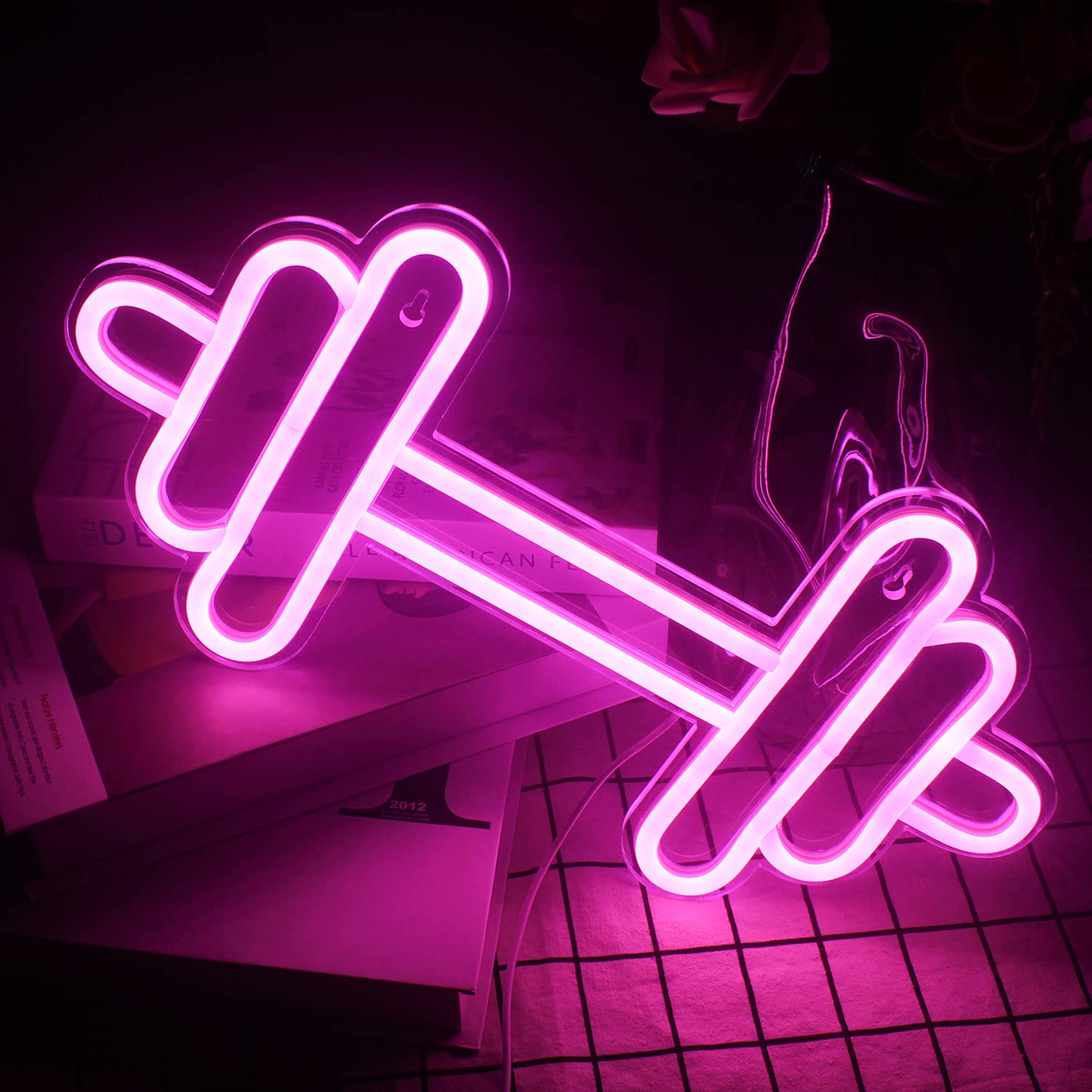 LUCUNSTAR Gym Neon Sign - Barbell Dumbbell LED Wall Decor, Small, Gym Pink, Model NS-DC-011 for Fitness, Teen Girls, Game Room