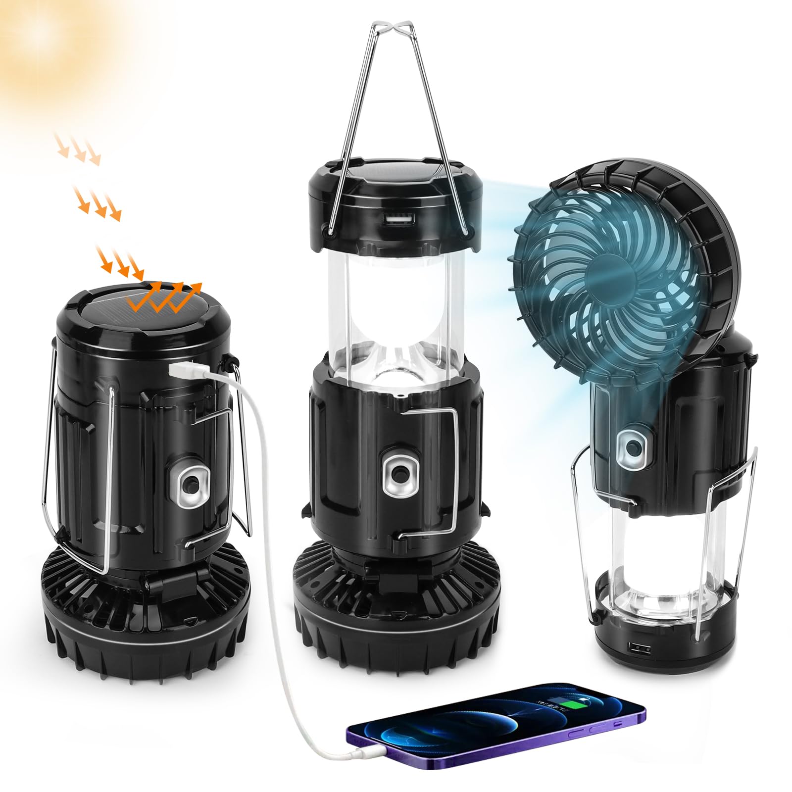 BUGPASS Solar Portable Lantern with Fan - Collapsible LED Camping Light, Rechargeable, Black