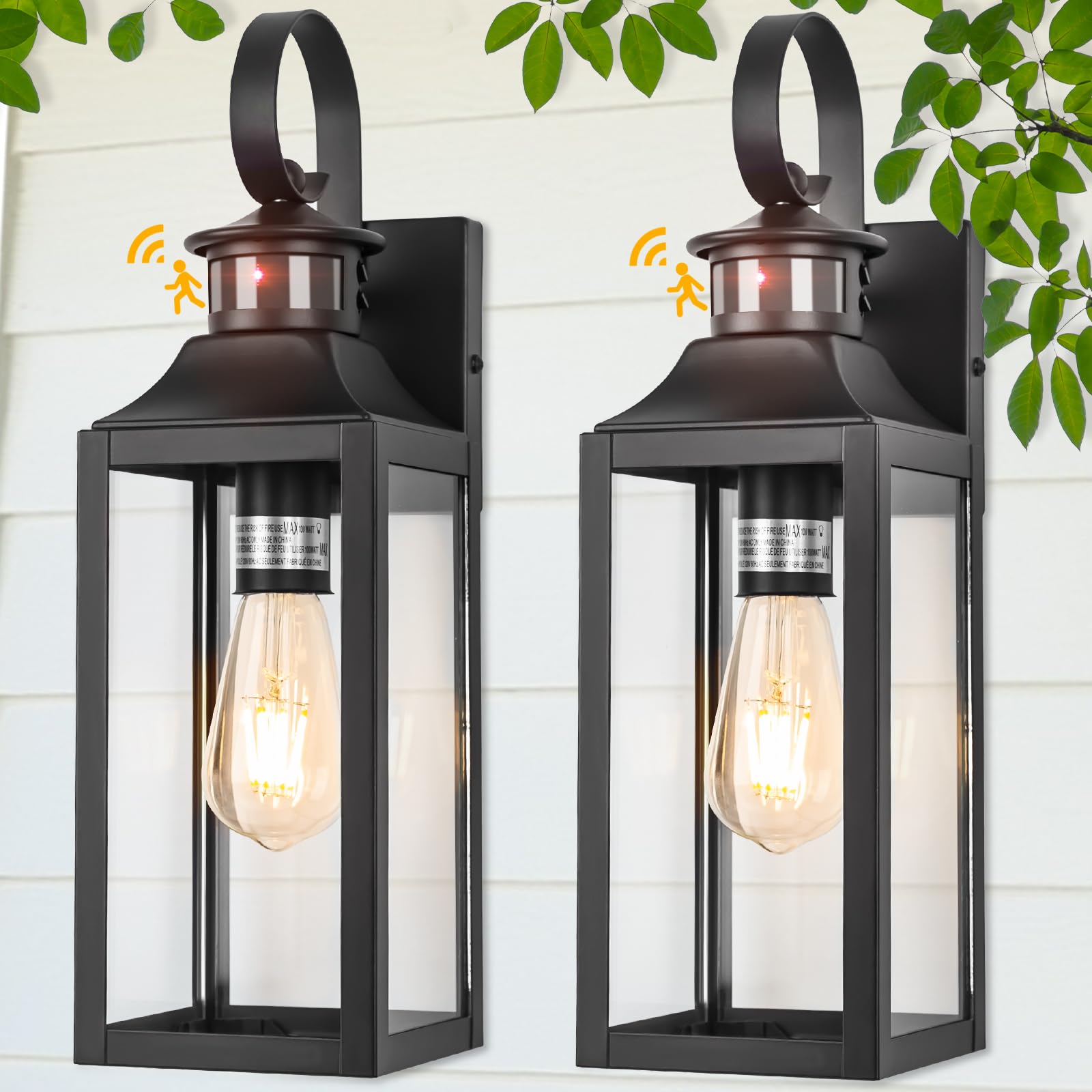 Yolsunes Motion Sensor Outdoor Wall Lights 2 Pack, Black Dusk to Dawn Light Fixtures Wall Mount, 16'' Exterior Wall Sconces Wate