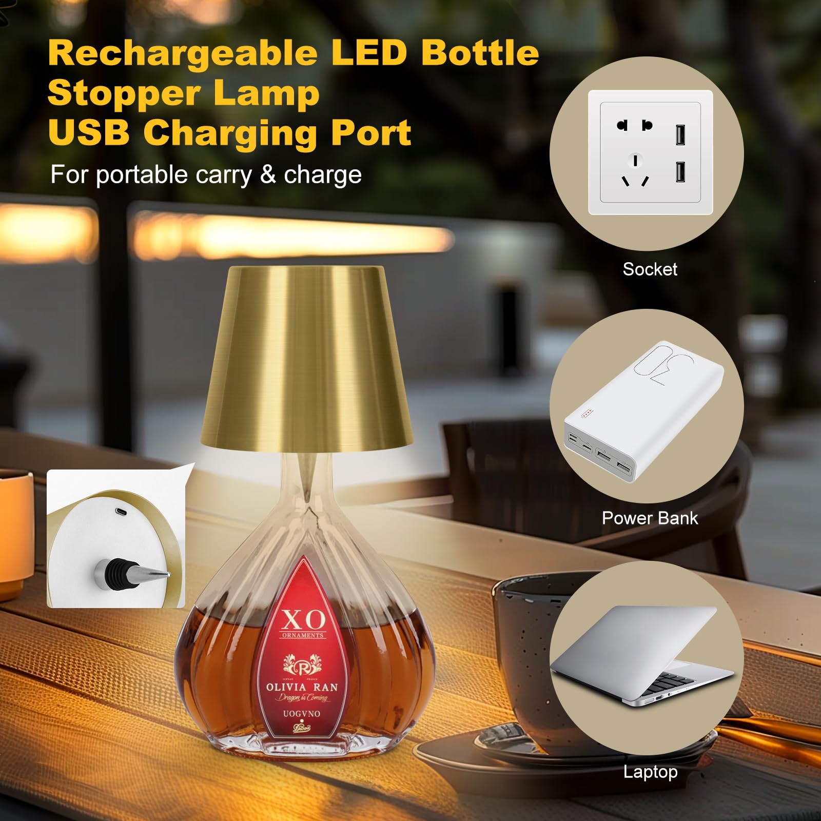 Soudfk Wireless Bottle Lamp, 2025 New 3 Color Rechargeable Wine Bottle Lights For Bars Restaurants (Electroplated Gold Color, 1P
