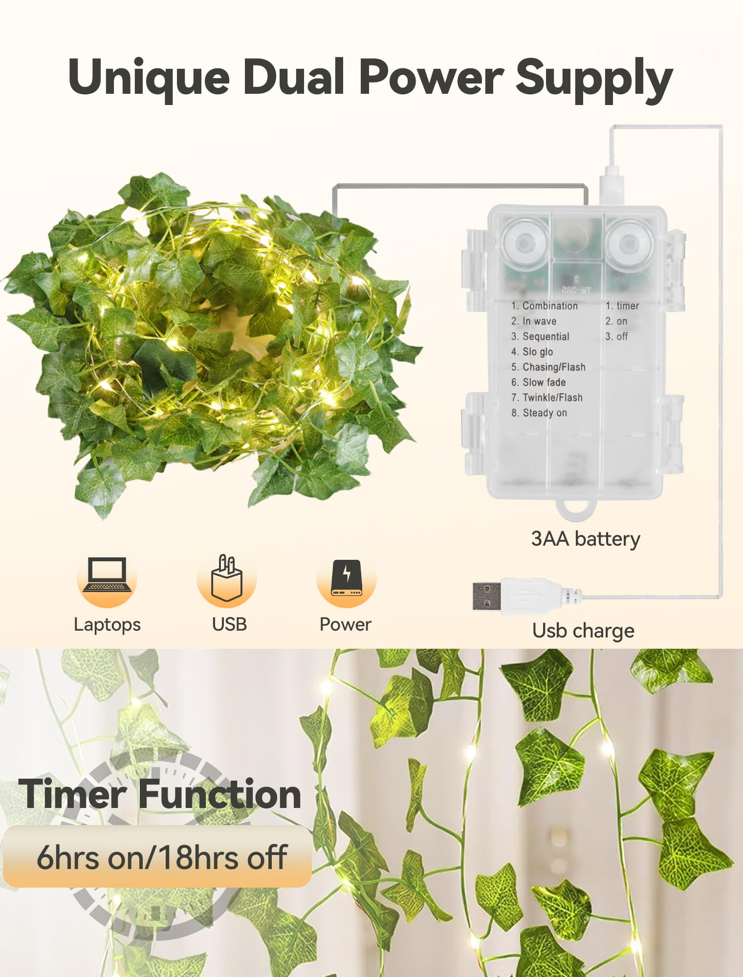 Qunlight Ivy String Lights with 73 LED, 23ft Battery Operated Fairy Lights, Warm White for Home Decor, Parties, Weddings