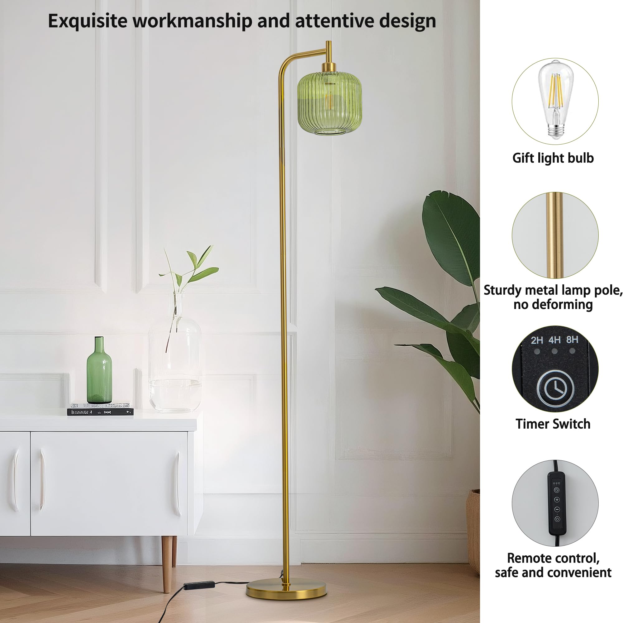 MAYNA Glass Floor Lamp - 67" Modern Vertical Design, Green Aluminum, Remote Control, Ideal for Living Room, Bedroom & Study