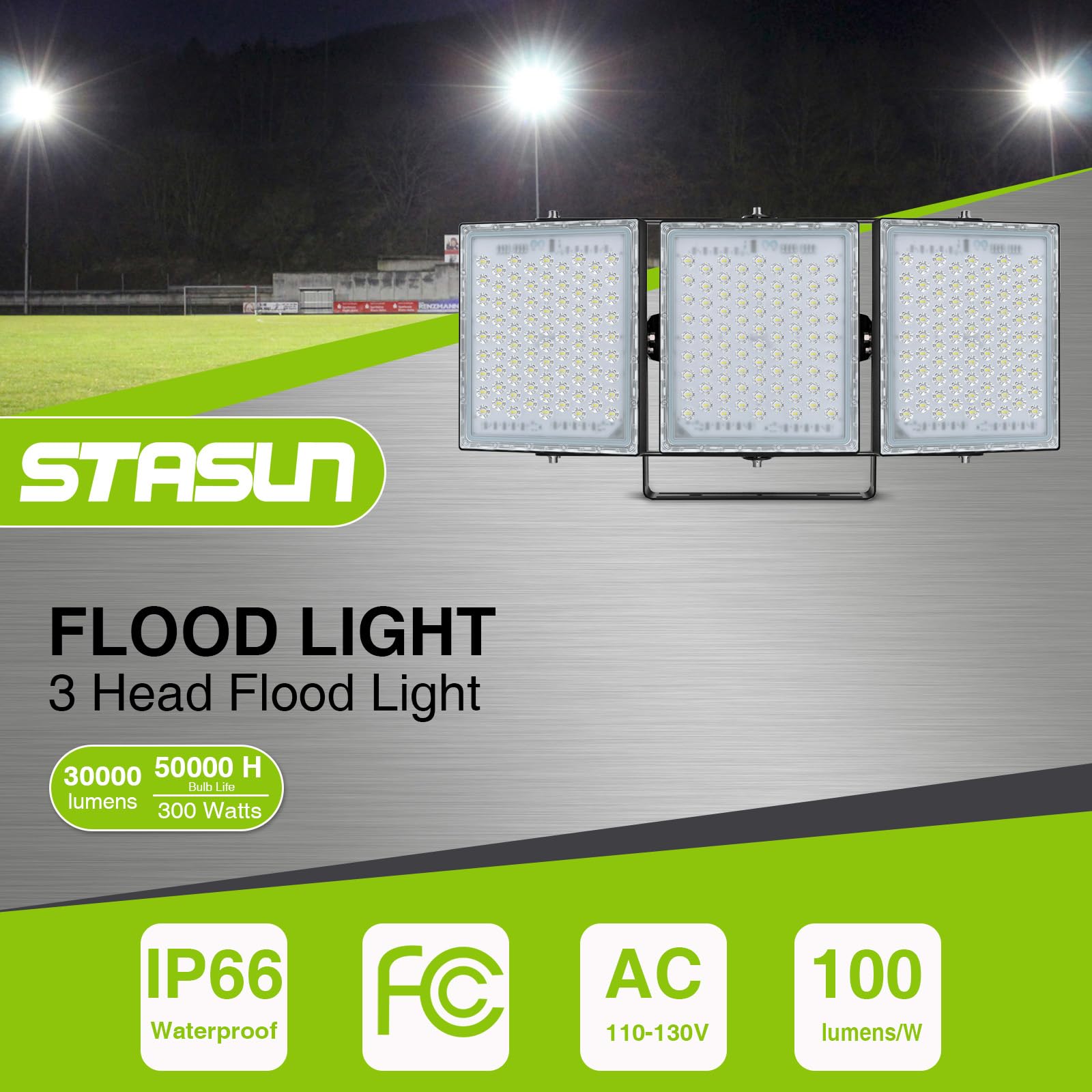 Stasun 450W Led Flood Light - 45,000 Lumens, Ip66 Waterproof, 3 Adjustable Heads, 600