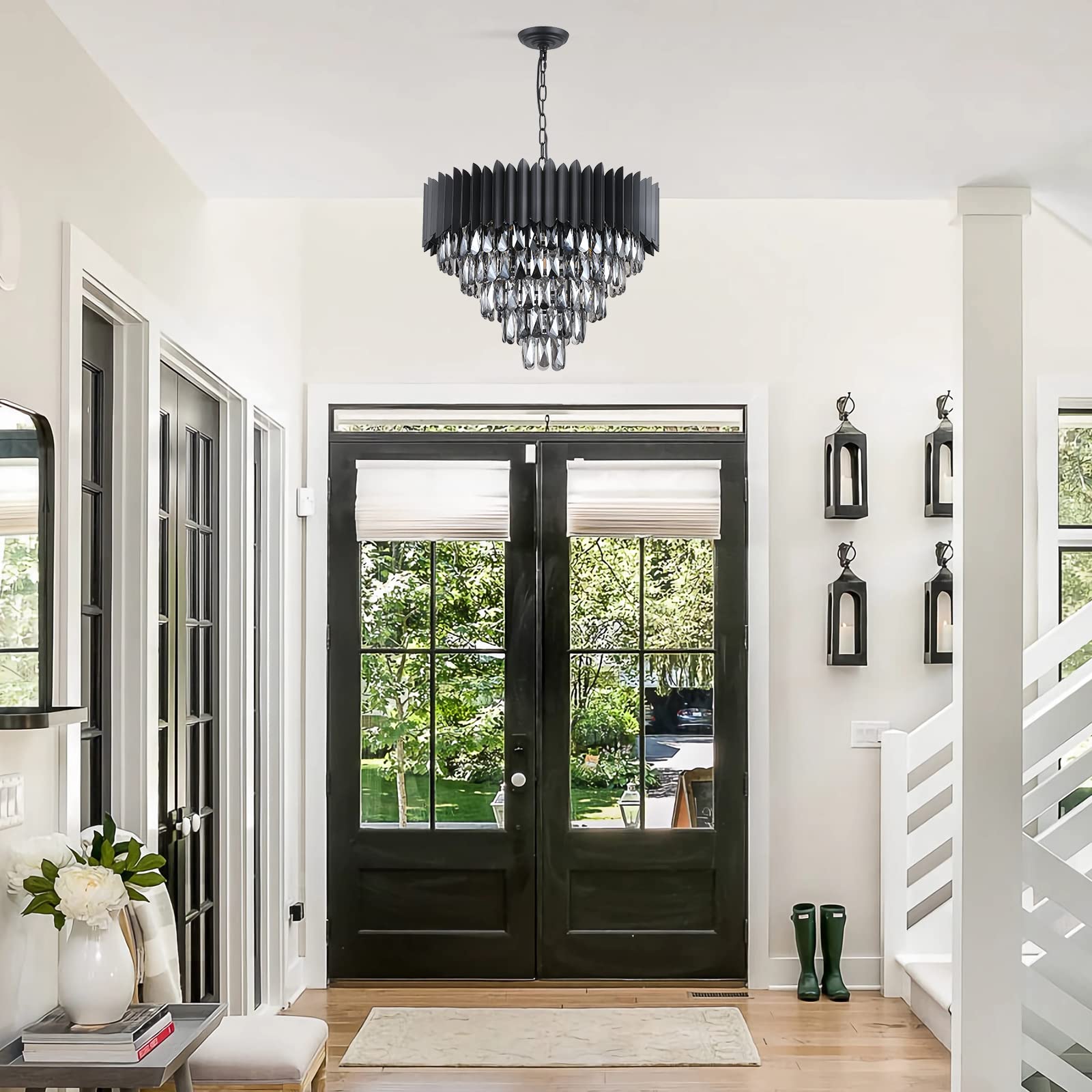 A AXILIXI Black Crystal Chandelier, Contemporary 24in  Flush Mount Pendant Light, 12 Lights, Model DH88511B-600B