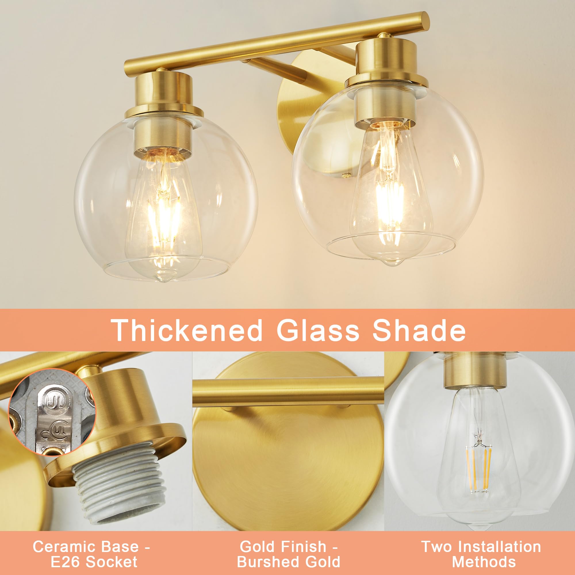 Lanmate Bathroom Vanity Light Fixture, 2-Light Brushed Brass with Clear Glass Shade, Model L1746, 13.8 Inch, Gold