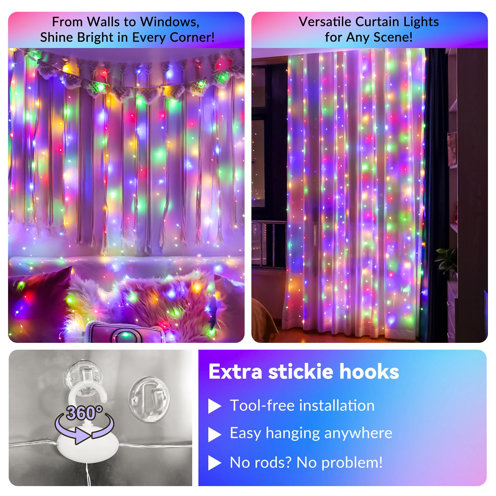 HXWEIYE 300LED Multicolor Fairy Curtain Lights with Remote, 8 Modes, Timer, 9.8x9.8Ft, USB Plug, Silver Copper Wire