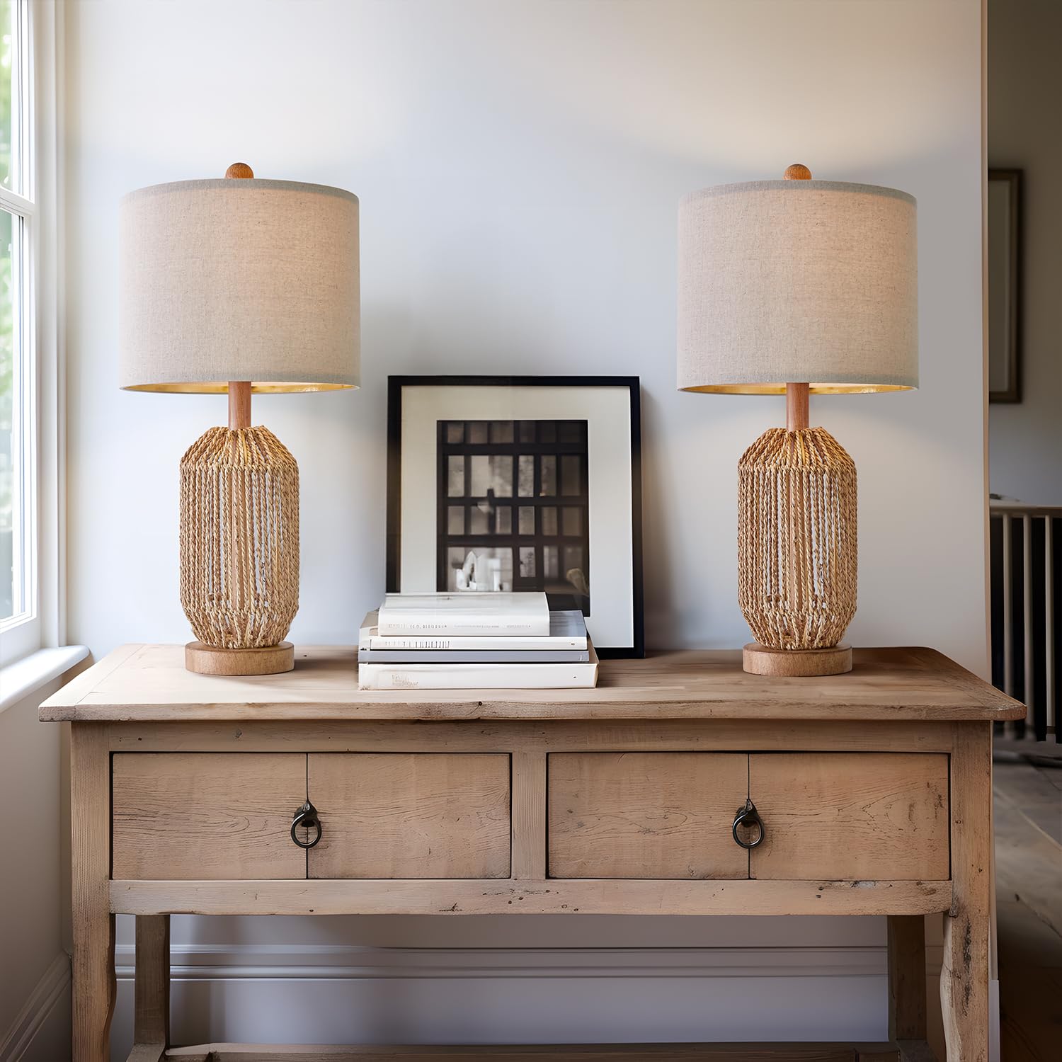 OYEARS Boho Table Lamps Set of 2, Rattan, Brown, Model AMZ-T1137BR, Ideal for Living Room and Bedroom Decor