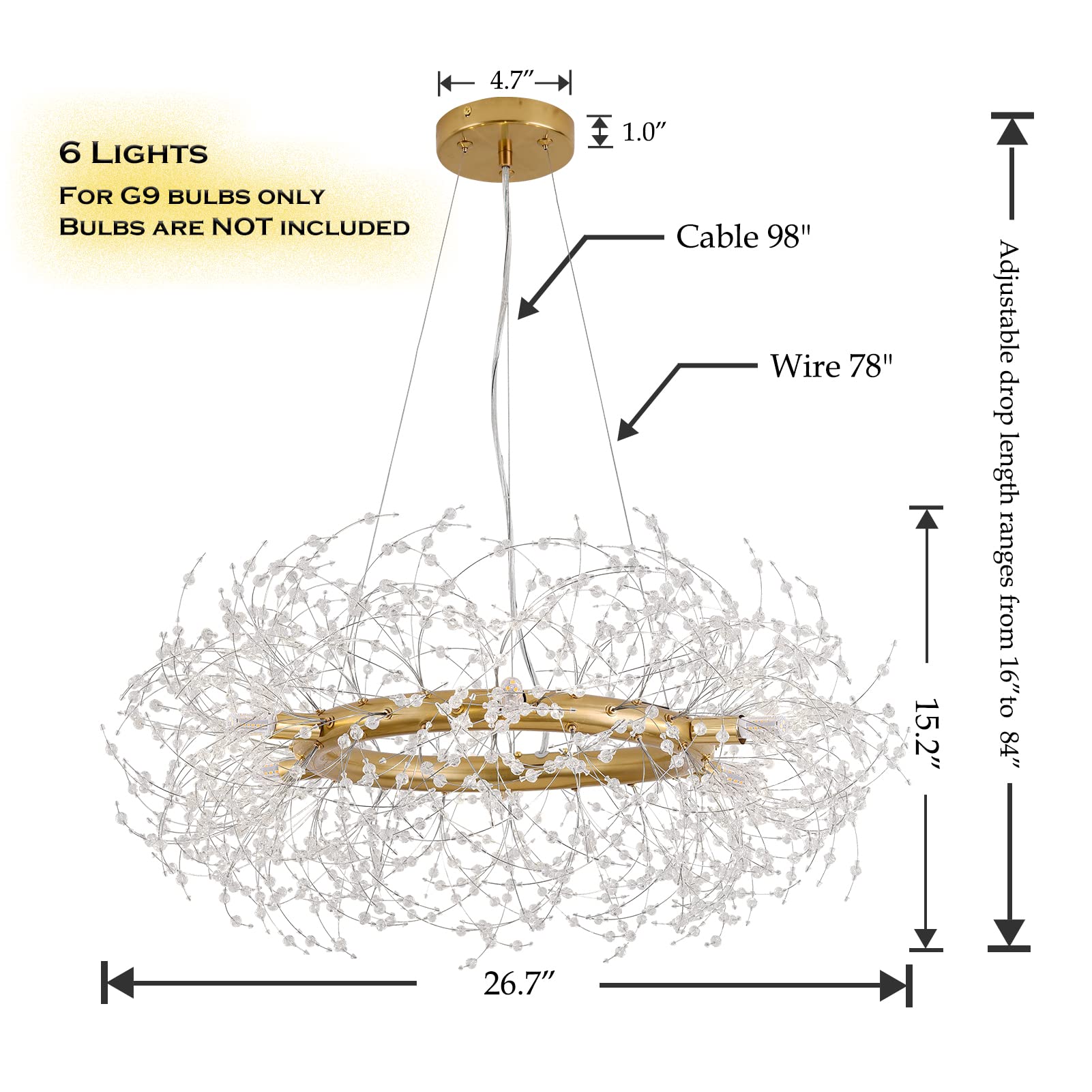 Macarena 6-Light Gold Crystal Chandelier, Modern Round Pendant Lighting for Dining Room, Bedroom, Living Room, Entryway, Kitchen