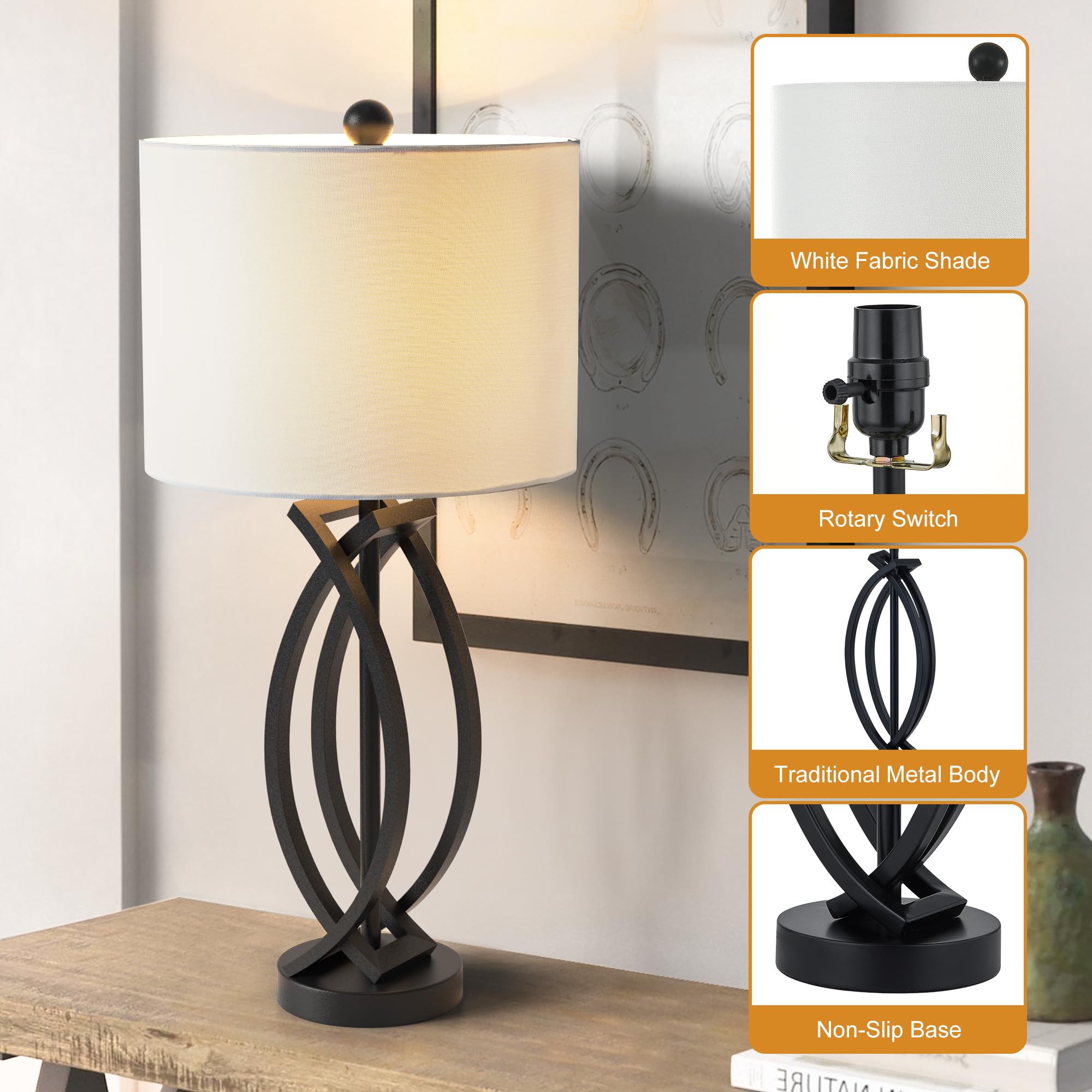 Hightry 26'' Industrial Table Lamps Set Of 2, 3-Way Dimmable Farmhouse Nightstand Lamps Black Metal Bedside Lamps With White Sha