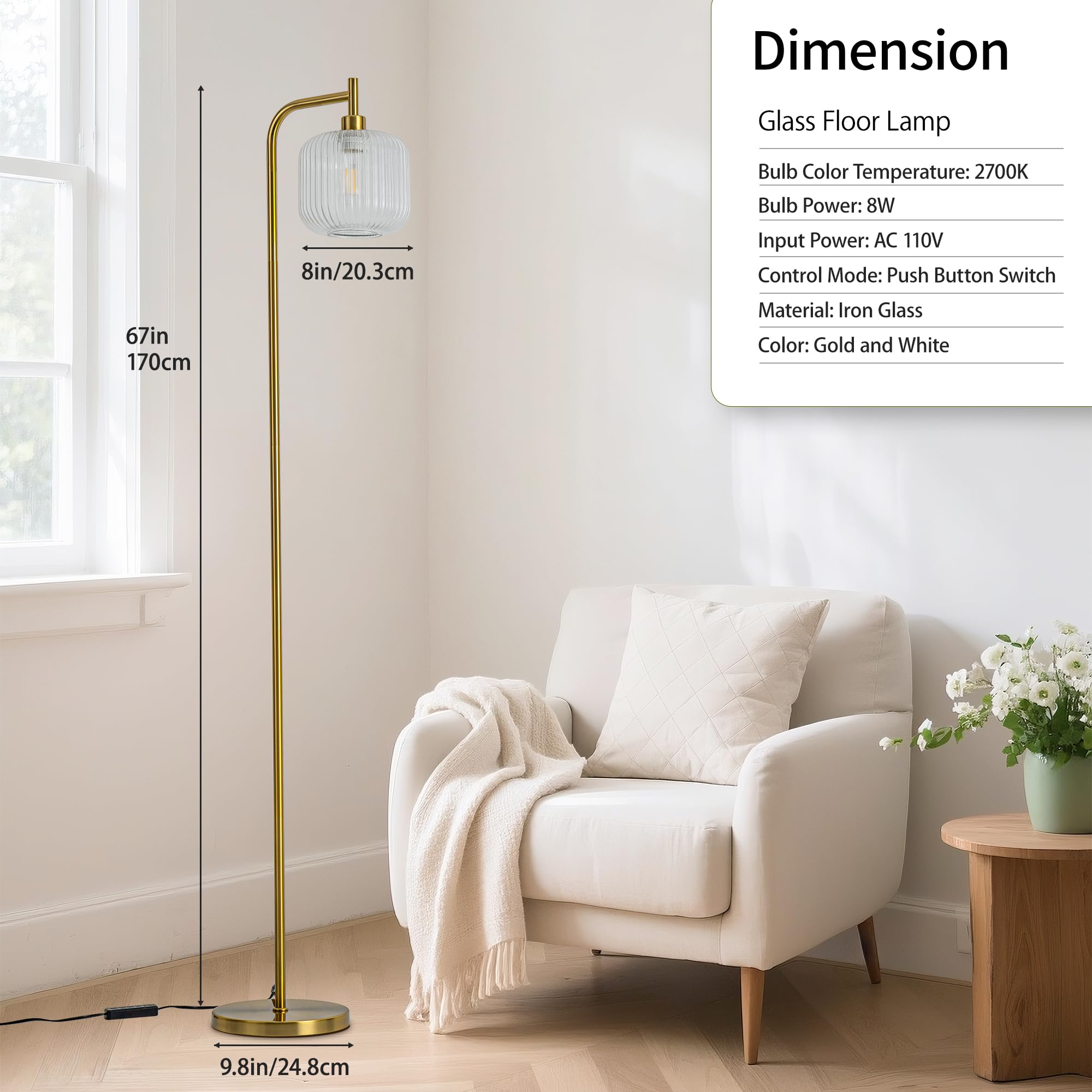 MAYNA Modern Glass Floor Lamp with Remote Control, 67-Inch, Transparent Aluminum, LED Bulb Included for Living Room, Bedroom, Study