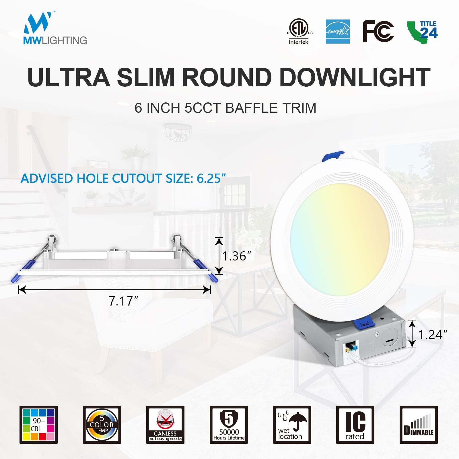 Mw Ultra-Thin Led Recessed Light With Junction Box,Baffle Trim, 2700/3000/3500/4000/5000K, Dimmable, 650Lm, Energy Star (30, 6 I