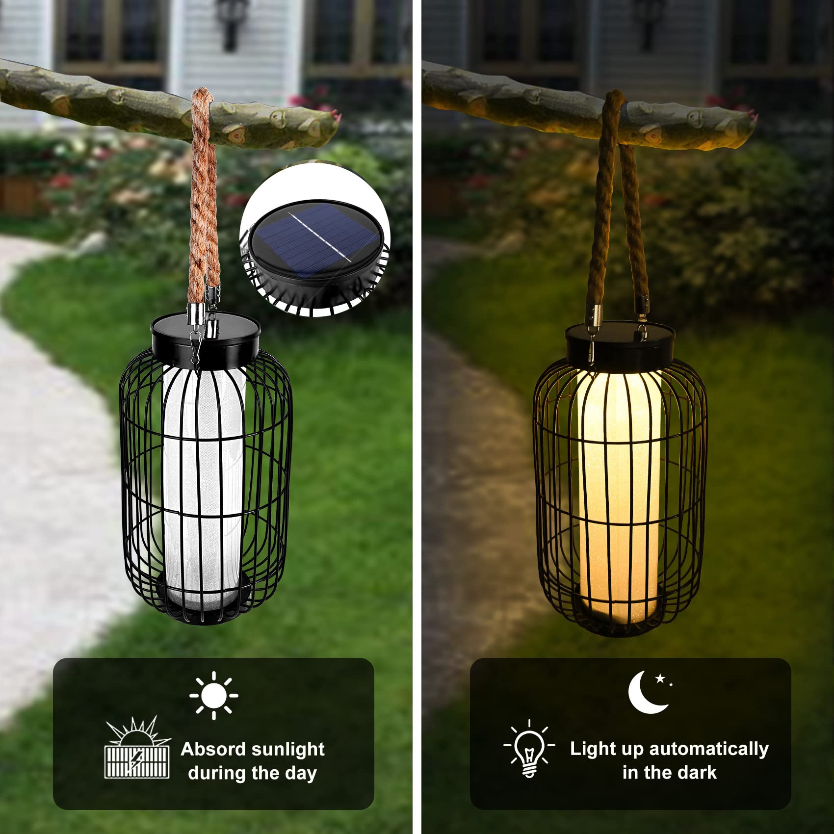 Baterysu Large Outdoor Solar Lanterns Hanging Light Waterproof Led Garden Lights Solar Powered Retro Metal Auto On Off Table Lam