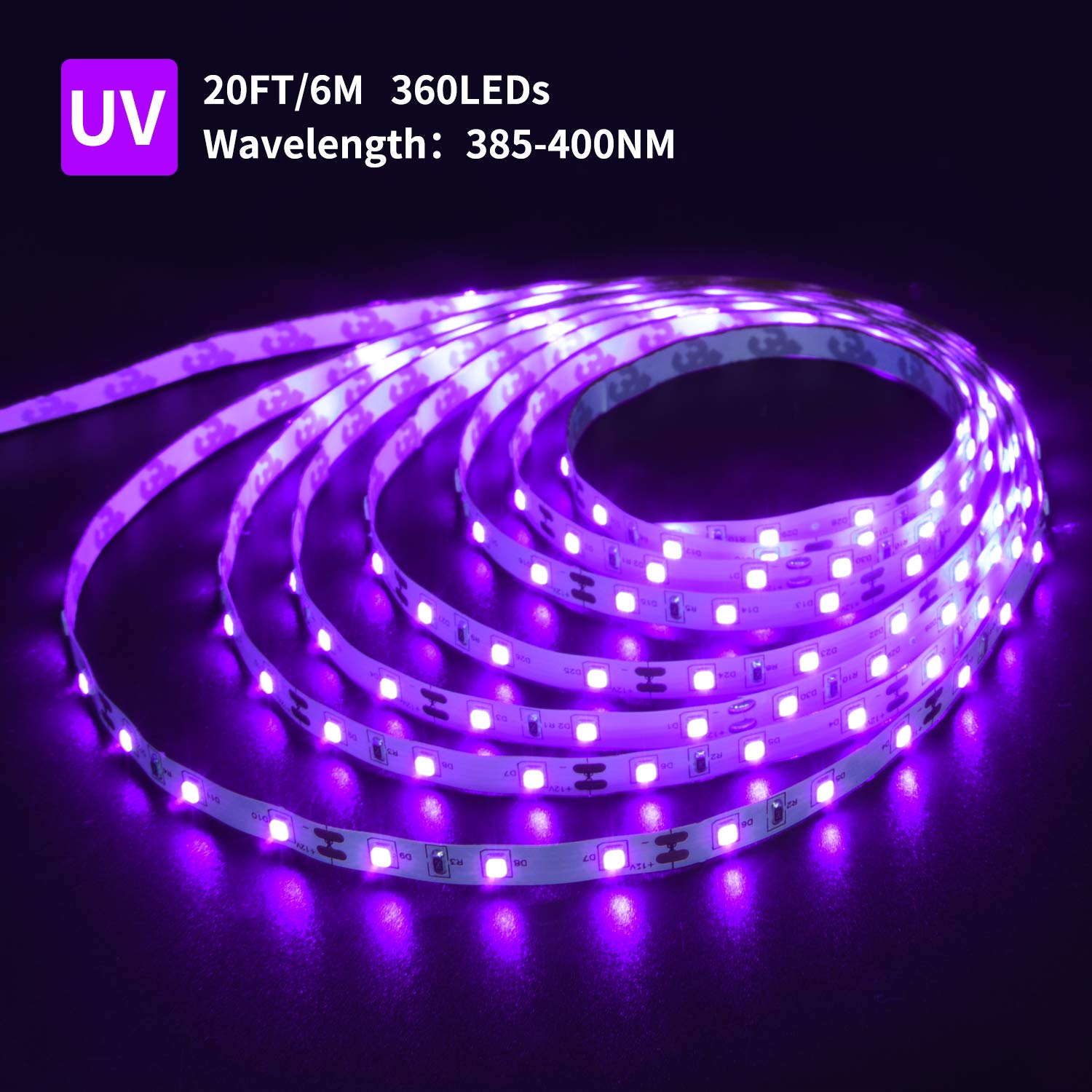 Ontesik 20ft LED Black Light Strip Kit, 360 LEDs, 12V Flexible UV, Switch Control, Non-Waterproof