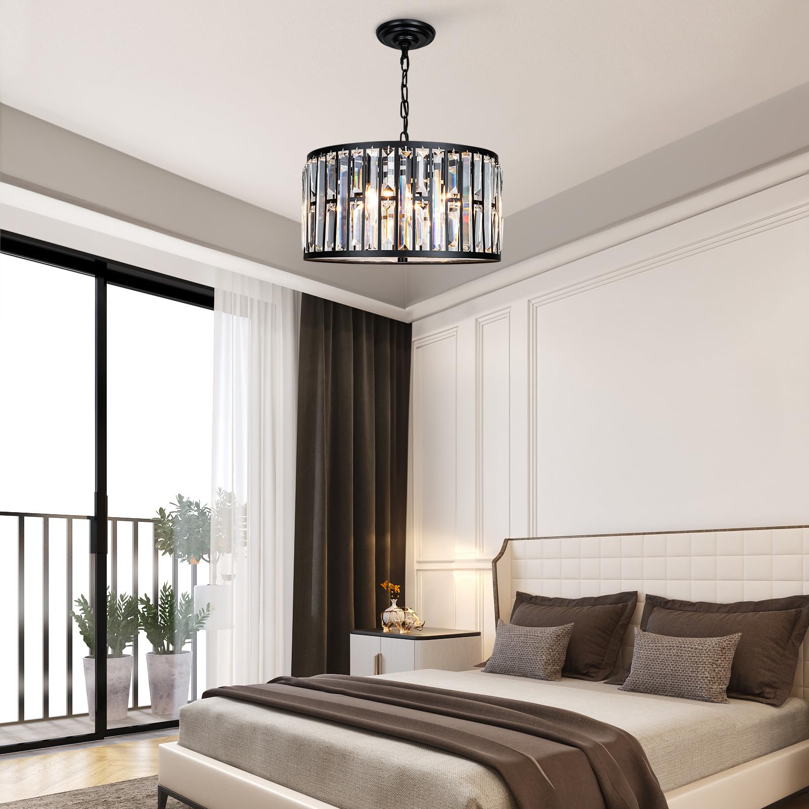Weesalife Crystal Chandelier, 6 Lights Modern Drum Fixture, 16" Black, Model A8845-6 for Dining Room, Bedroom, Kitchen Island, Living Room