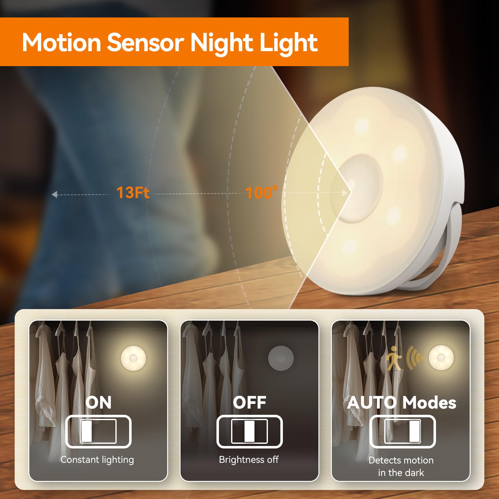 Dawnrise Motion Sensor Night Light With Rechargeable Battery(4 Pack), Magnetic Warm White Night Lights With On-Off-Auto Mode For