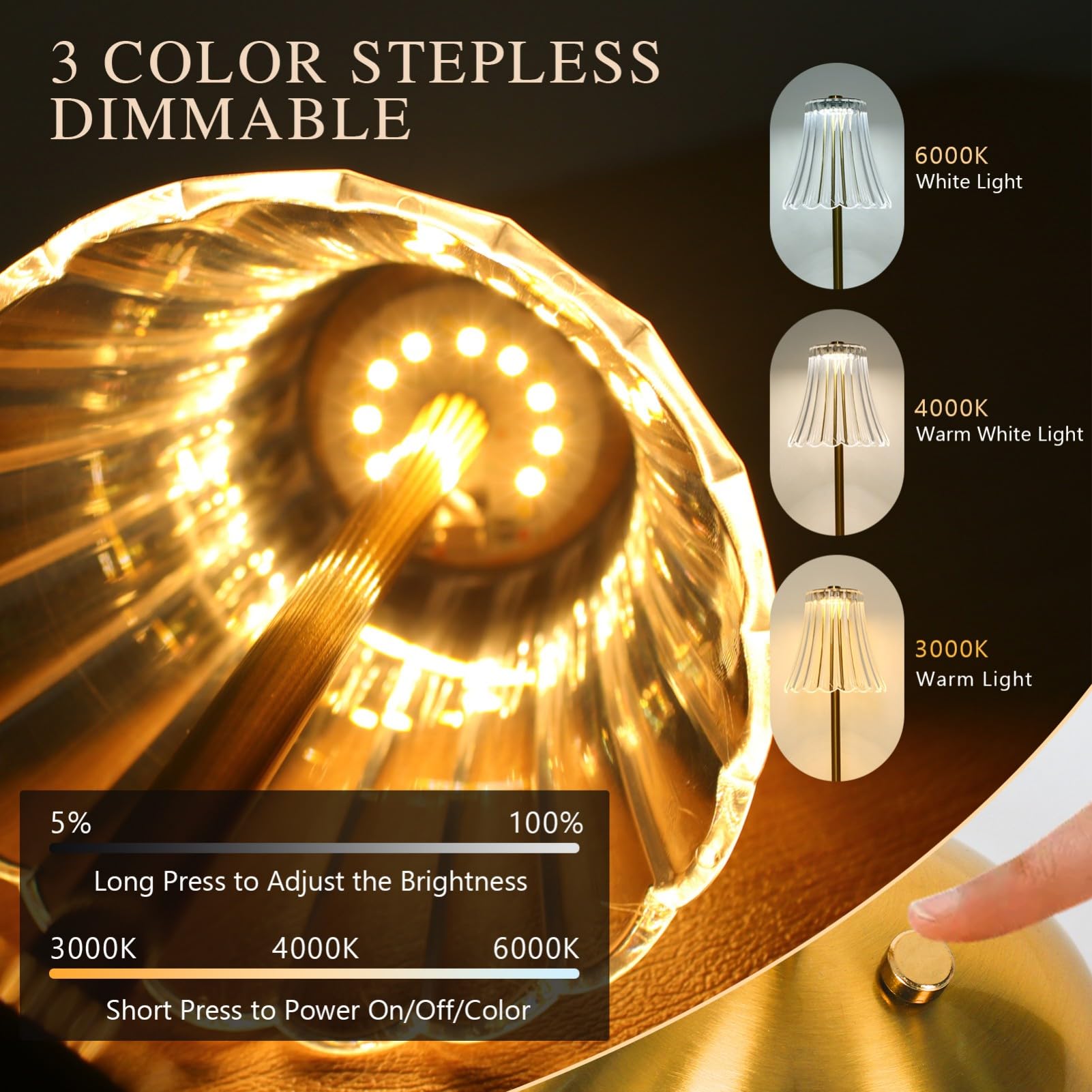 Gkeiten Cordless Led Touch Lamp With Crystal Acrylic Shade, Usb Rechargeable, 3-Color Temperature, Dimmable Table Light, Portabl