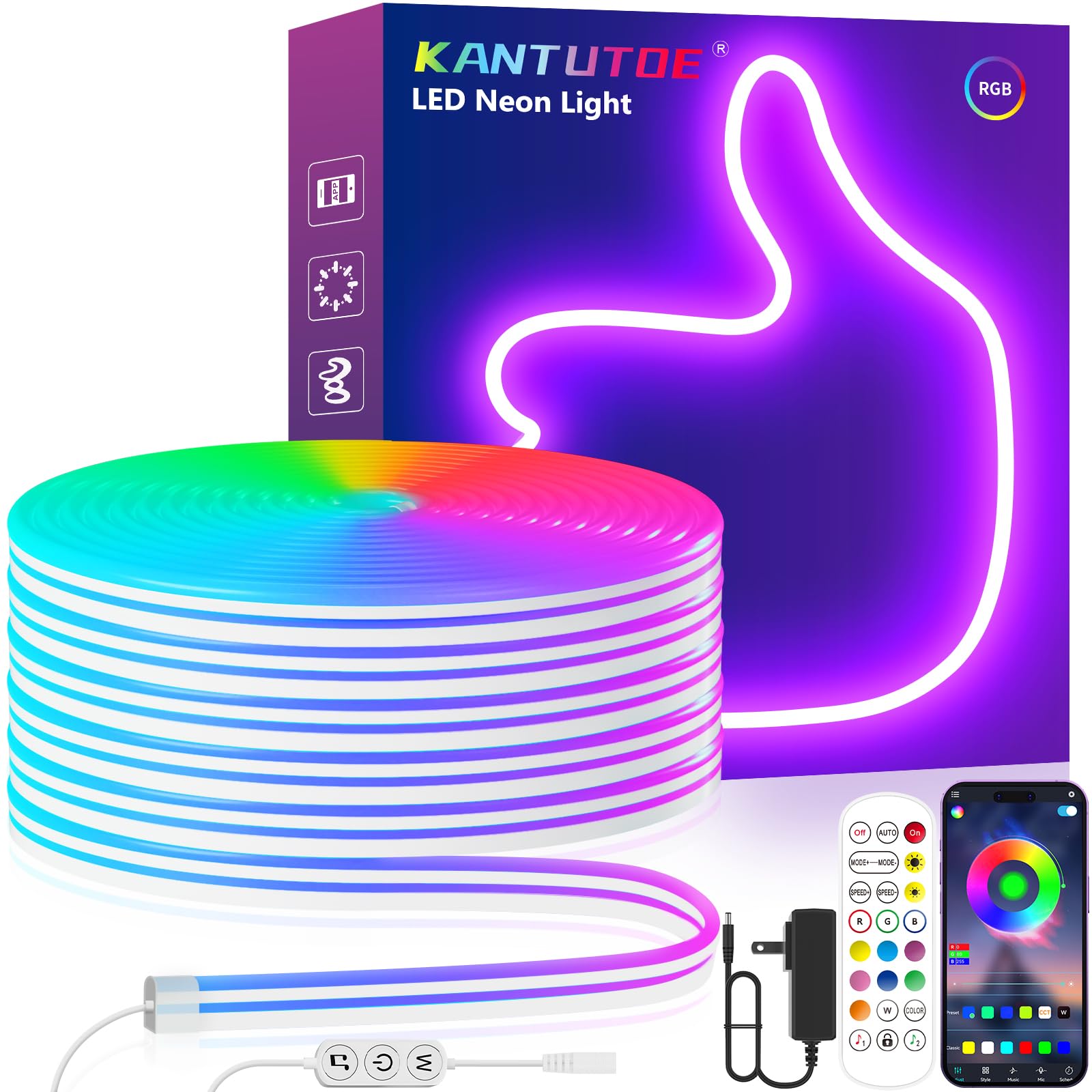 KANTUTOE LED Neon Rope Lights, 13.1ft RGB LED Light Strip, 24V Music Sync App/Remote Control DIY Rope Light, IP67 Waterproof Gam