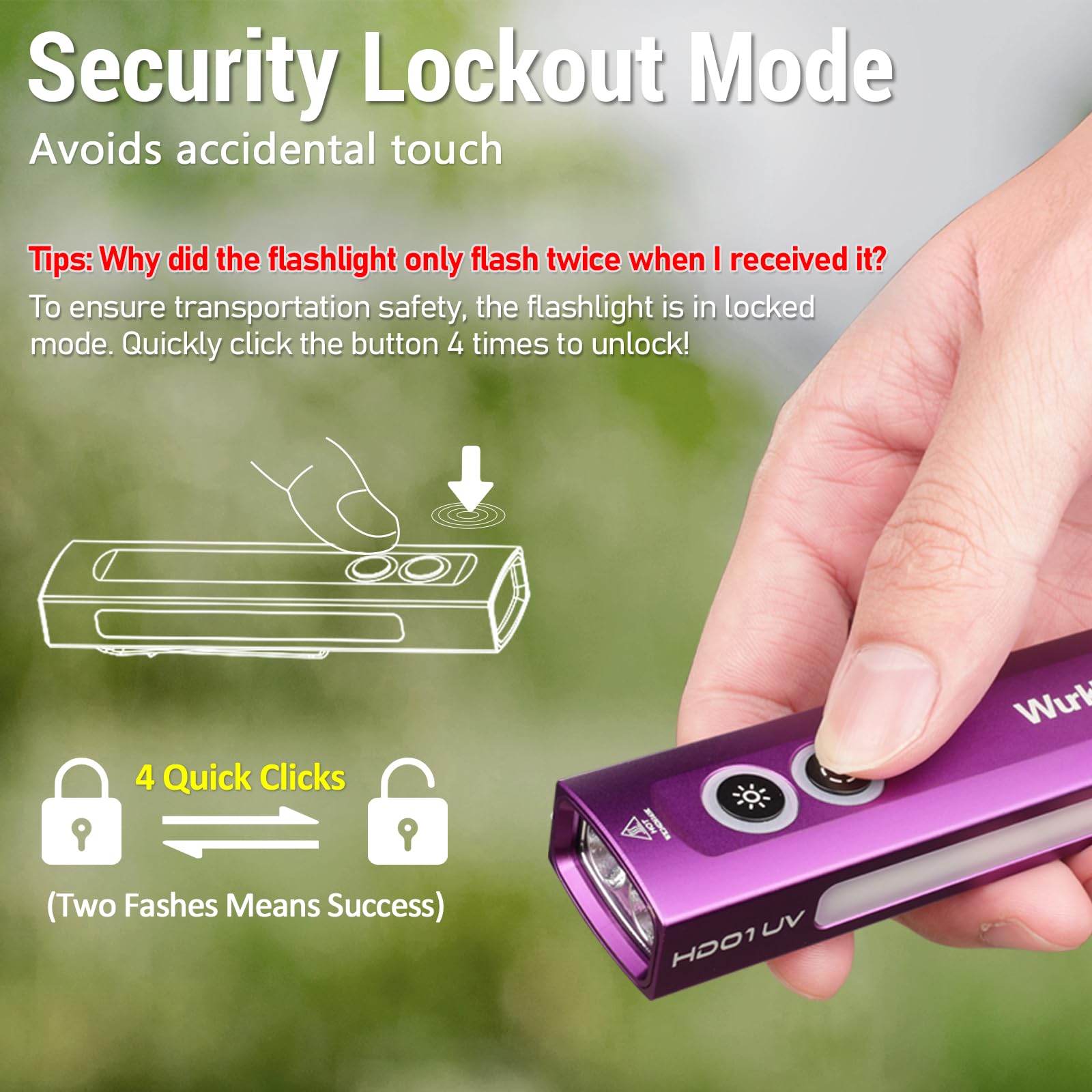 Wurkkos HD01 UV Flashlight, Rechargeable 1200 Lumens with 365nm UV Light, Small Pocket Size, Aluminum, Purple