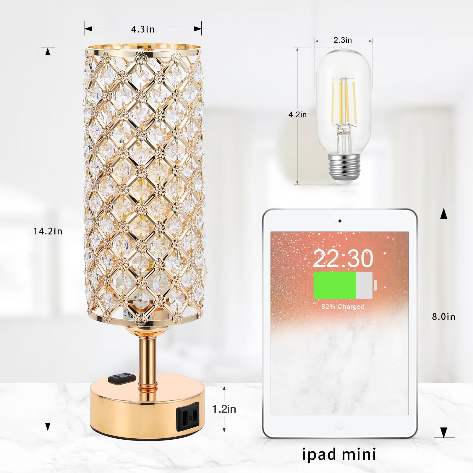 Hong-in Crystal Table Lamp - Gold Bedside Lamp with USB-C & AC Ports, 3-Way Dimmable Touch Light, Bulb Included, Perfect for Girls' Room
