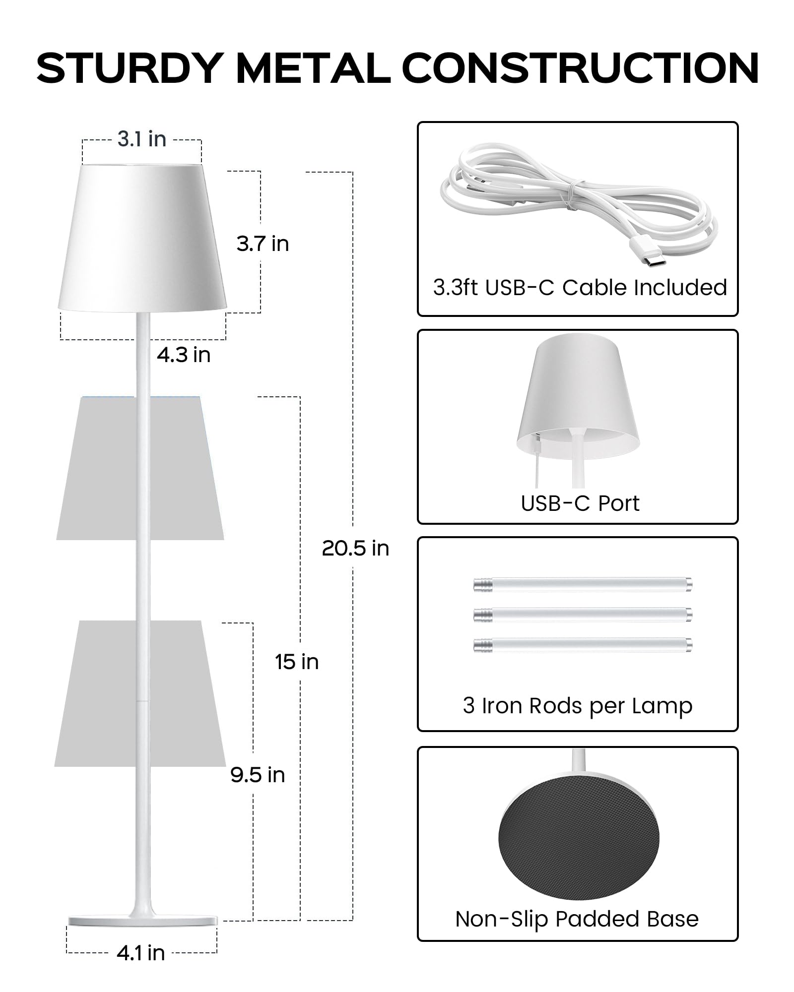 JACKYLED Cordless Table Lamps, Rechargeable 5000mAh Battery, 3 Adjustable Heights, LED Waterproof, 2 Pack, White