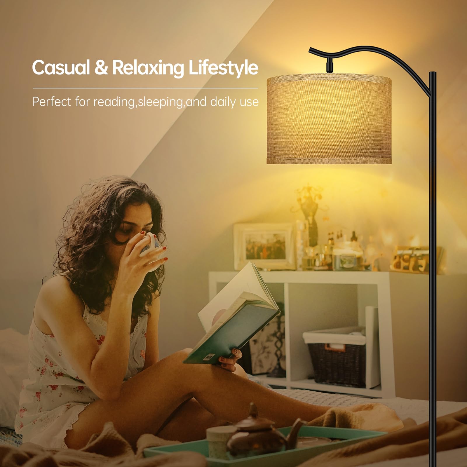 Boostarea Floor Lamp For Living Room,Led Arched Floor Lamp,Tall Modern Standing Lamp With Fabric Linen Shade,E26 Socket,Footswit