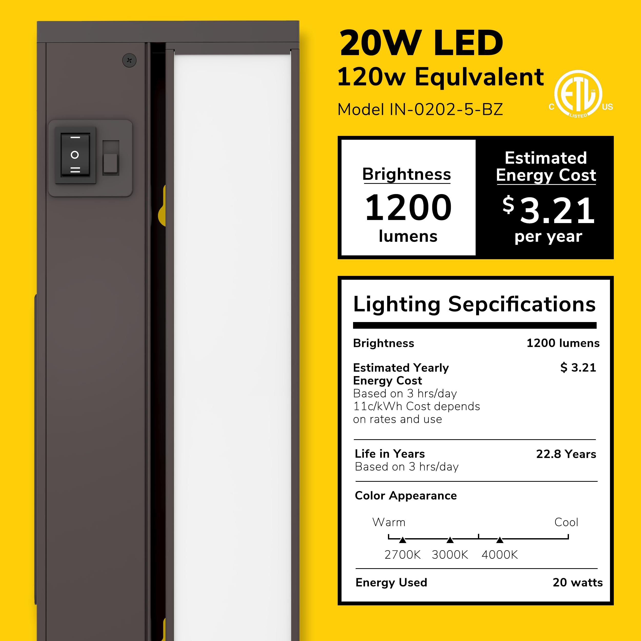 GETINLIGHT 40-inch Swivel LED Under Cabinet Light, Dimmable, Selectable White 2700K/4000K/5000K, Bronze Finish, Model IN-0202