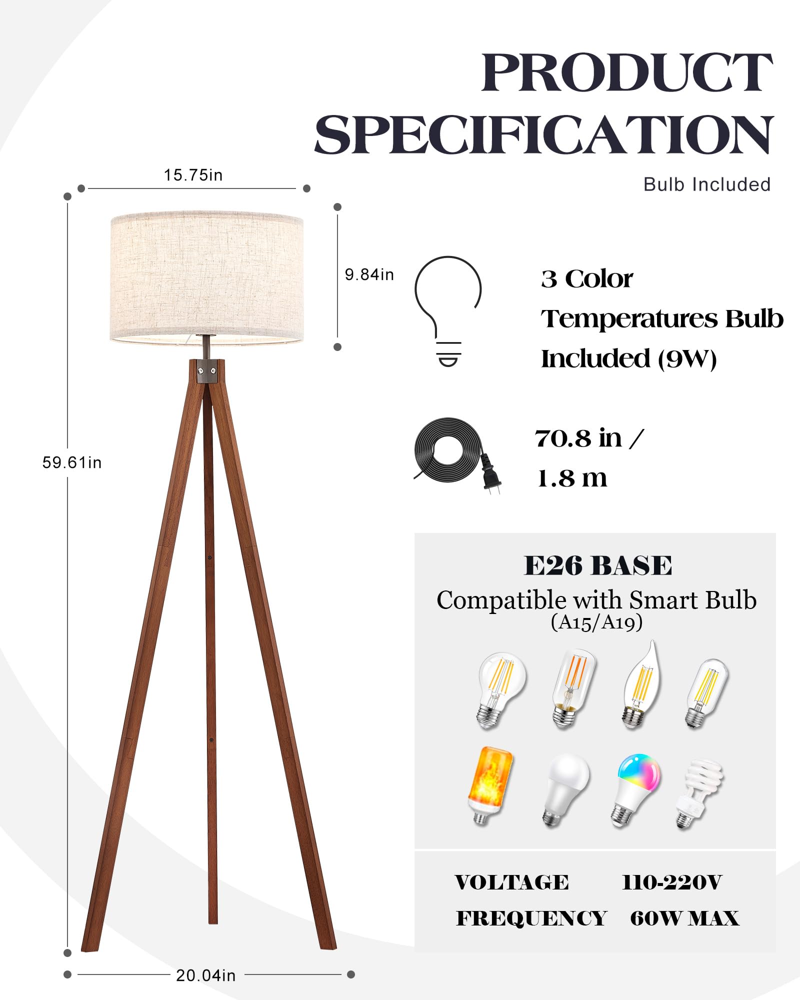 ELYONA Solid Wood Tripod Floor Lamp, Mid Century Modern with 3 Color Temperatures, Brown, Model UF1101, Nature Linen Shade for Bedroom & Office