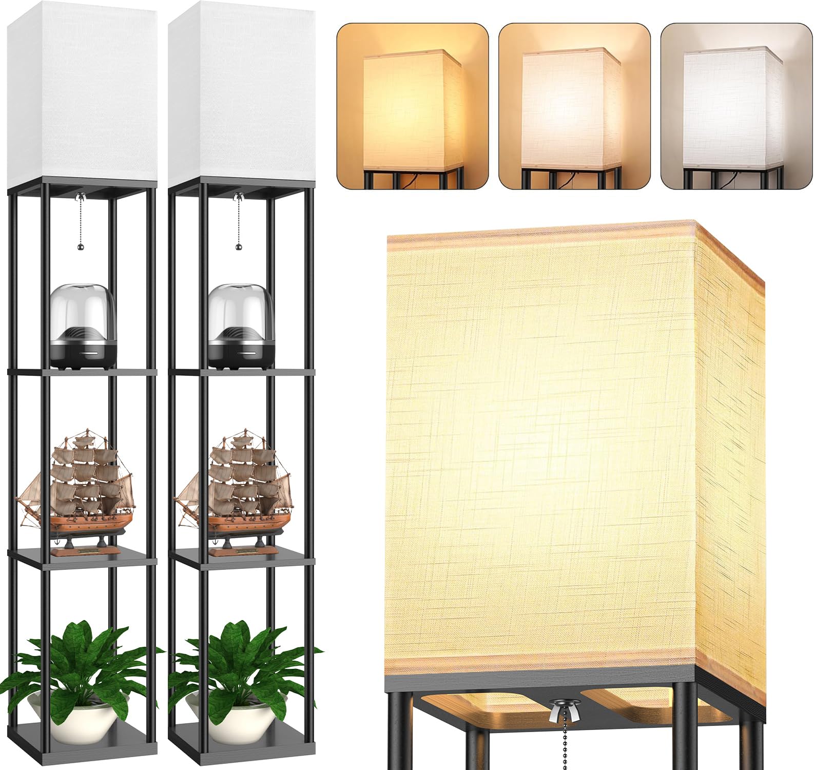 Floor Lamp with Shelves for Living Room 2 Pack, Shelf Floor Lamp with 3 CCT LED Bulb, Corner Display Standing Column Lamp Etager