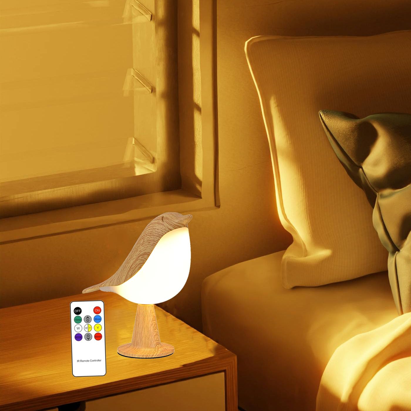 Xhope4u Bird Table Lamp - Remote & Touch Control, 3 Color Temperature, 3-Level Brightness, Rechargeable, Wood Color, 8.46in 