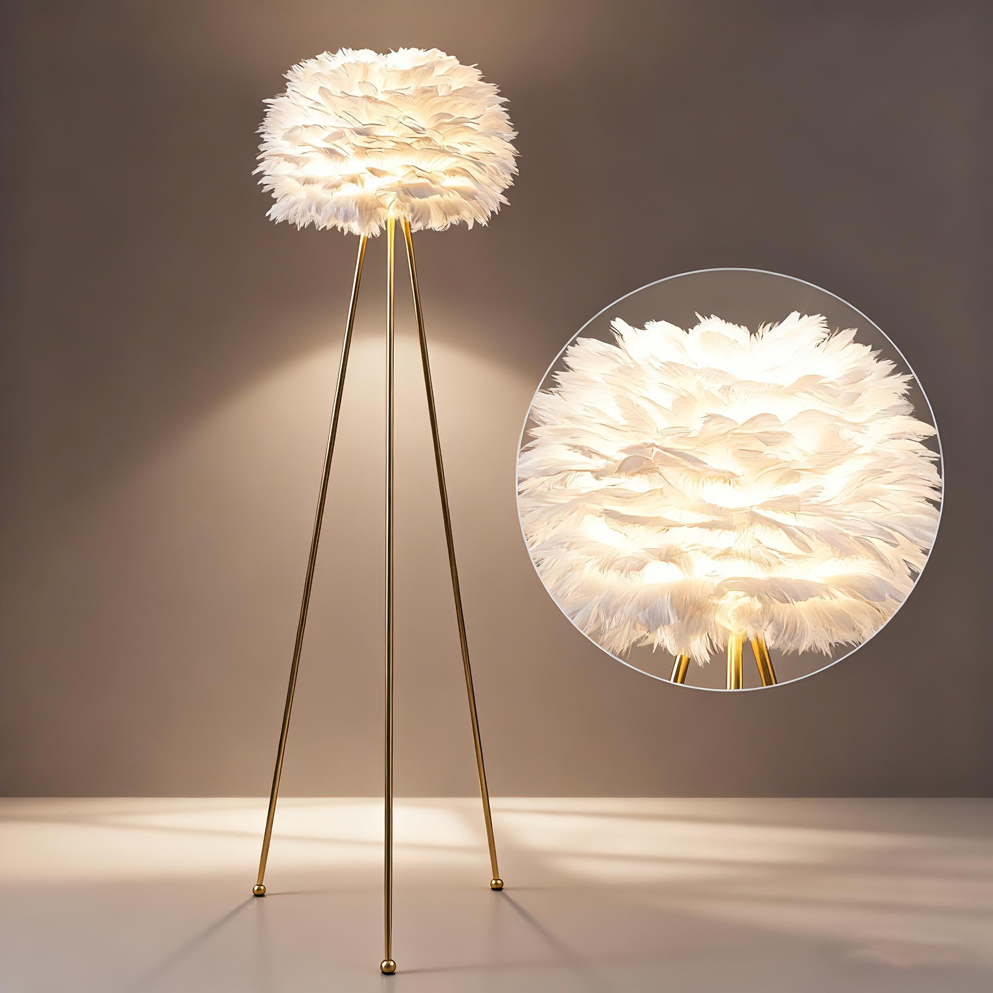 Maxax 60 Tripod Floor Lamp - Modern Gold With White Feather Shade, F21 Model For Bedroom, Dining Room, Living Room, Kitchen