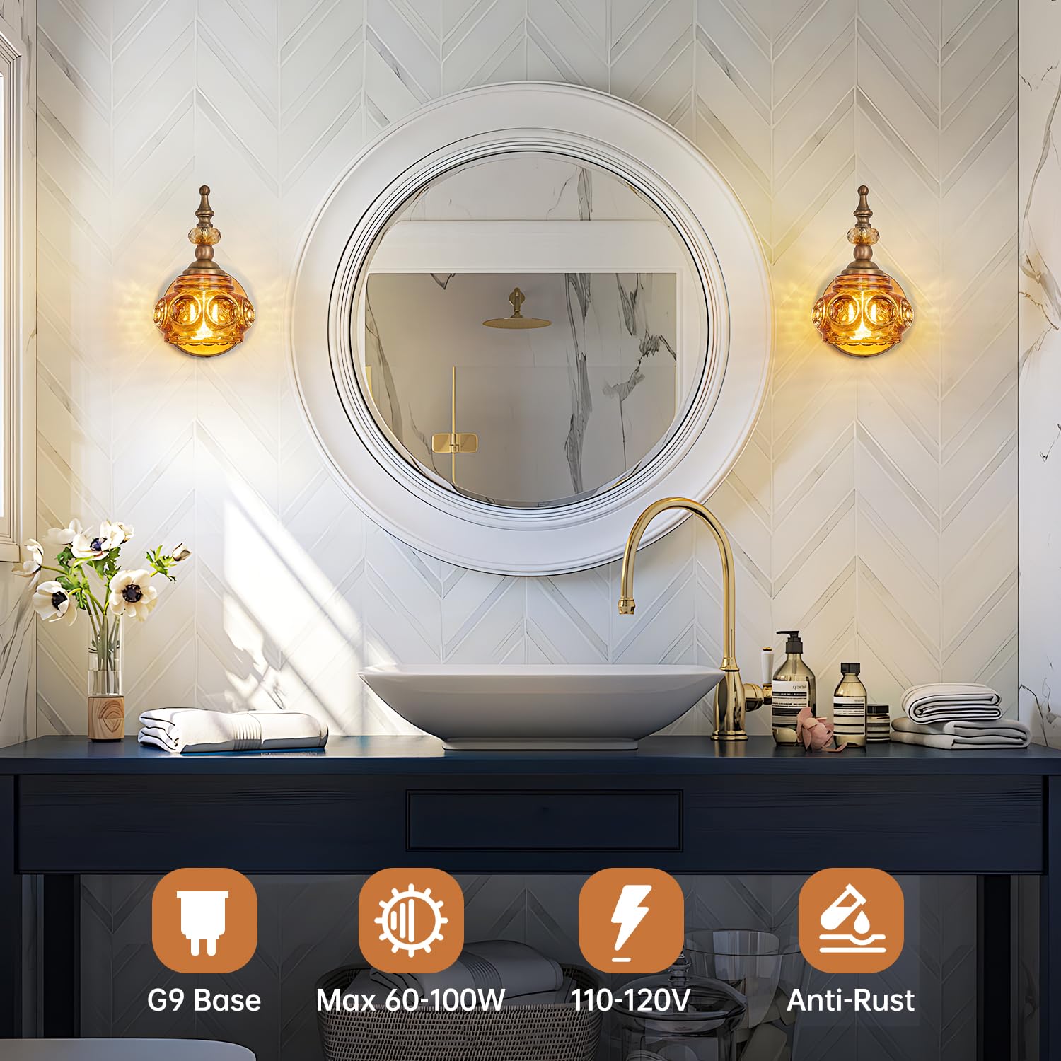 Zilanl Vintage Wall Sconces With Amber Rose Glass Lampshade Bathroom Sconces Modern Wall Lighting Fixture For Bedside Bedroom Do