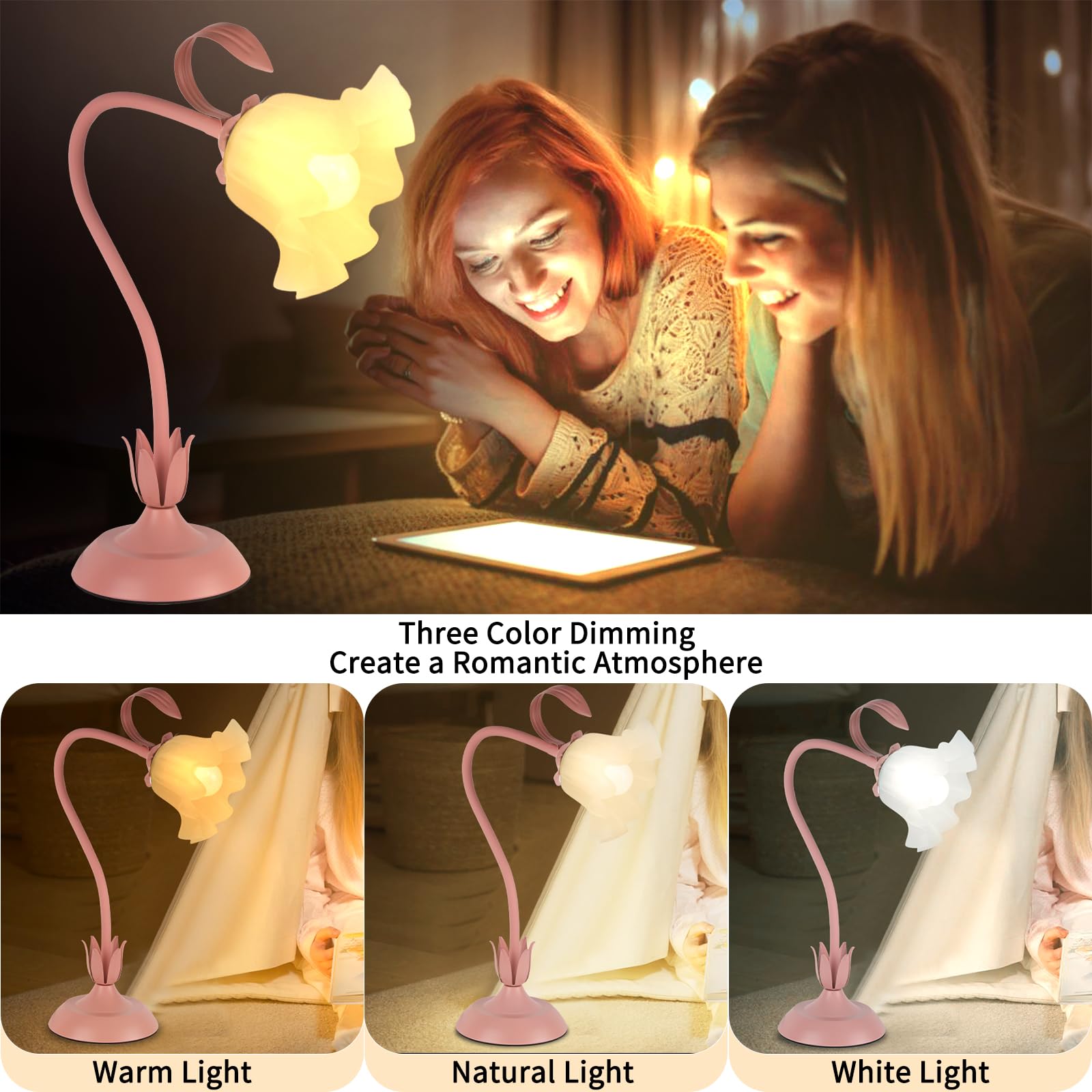 Fuzzbopn Cute Flower Desk Lamp, 3 Color Temperature Table Lamps With Led Bulb, Vintage Bedside Lamp, Reading Lamps With Soft Lig