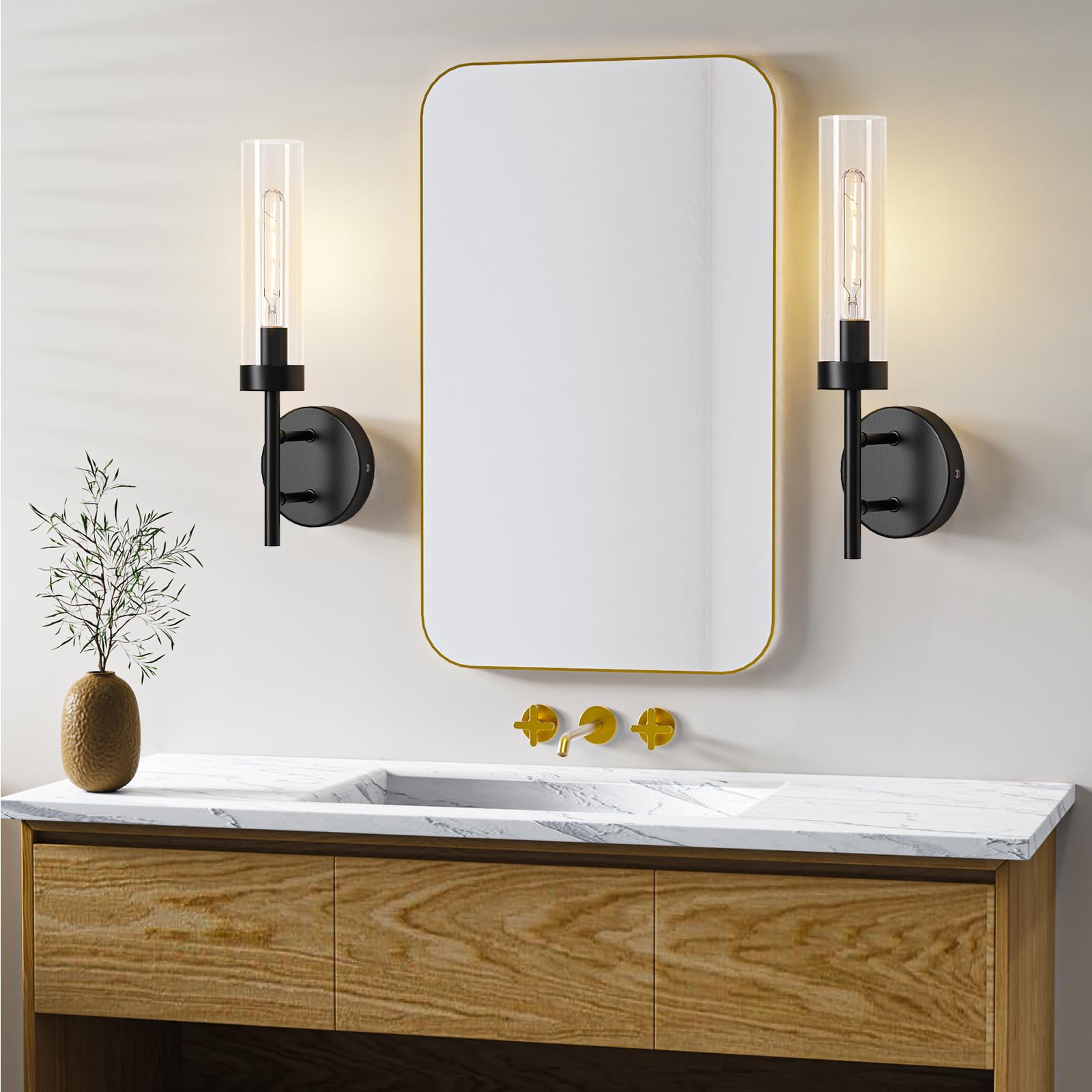 E.P. Light Black Hardwired Wall Sconces Set of 2, Modern Metal Vanity Fixtures with Clear Glass Shade for Bathroom and Living Room, Model EP0101