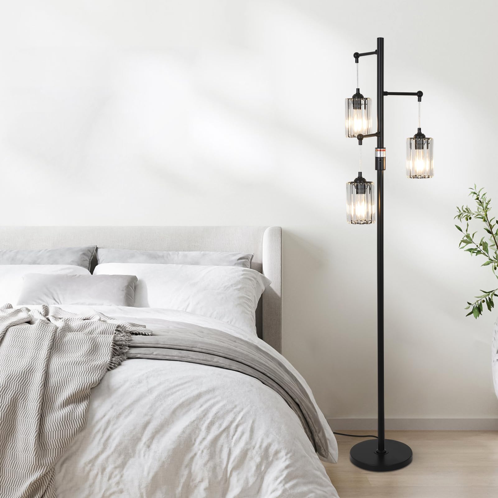 Stepeak Black Crystal Floor Lamp, 3-Light Dimmable Industrial Tree Design, 65" Tall for Living Room & Office, Model 250305C1