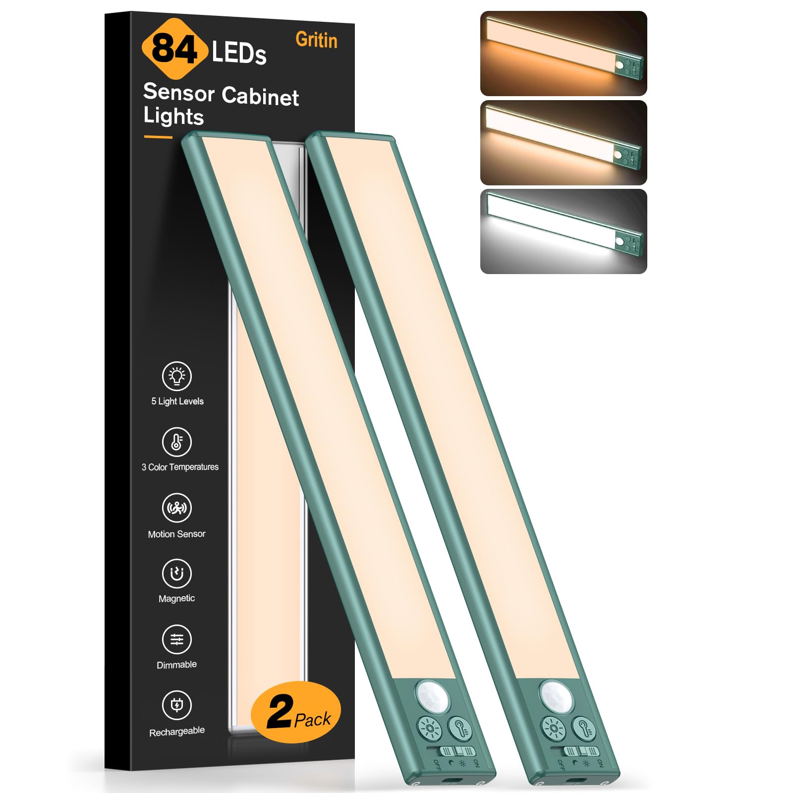 Gritin Under Cabinet Lighting - Rechargeable 84 LED, 3-Color & 5 Brightness Levels, Motion Sensor, 10.2 inch, Green, Model G1358, 