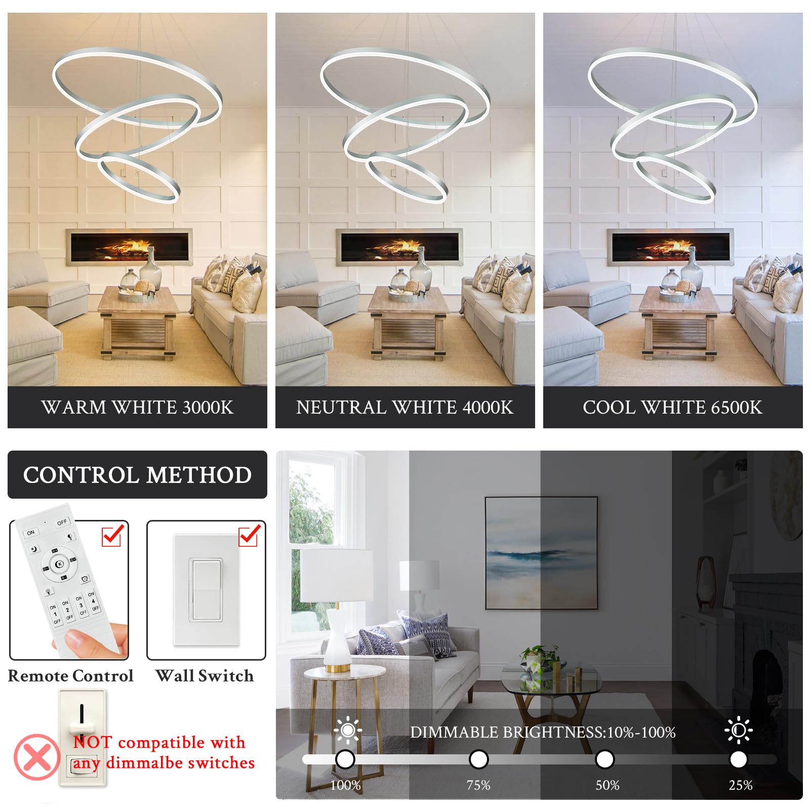 Sparklelf Modern LED Chandelier, Dimmable Pendant Light, 3 Rings, 31.5in, Silver, Model SE-P60-3SDC1, Remote Control, 300