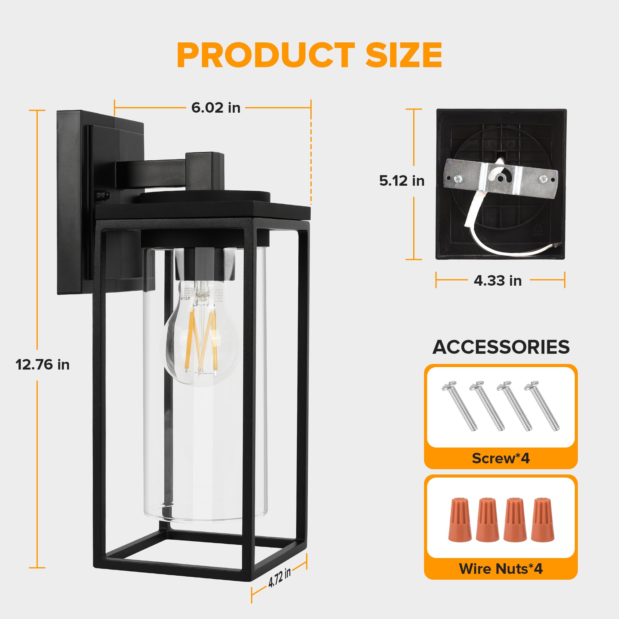 LUTEC Outdoor Wall Light Fixtures - 2 Pack Waterproof Lanterns, Modern Matte Black, Aluminum Frame, Clear Glass Shade, Model 0b1f035f
