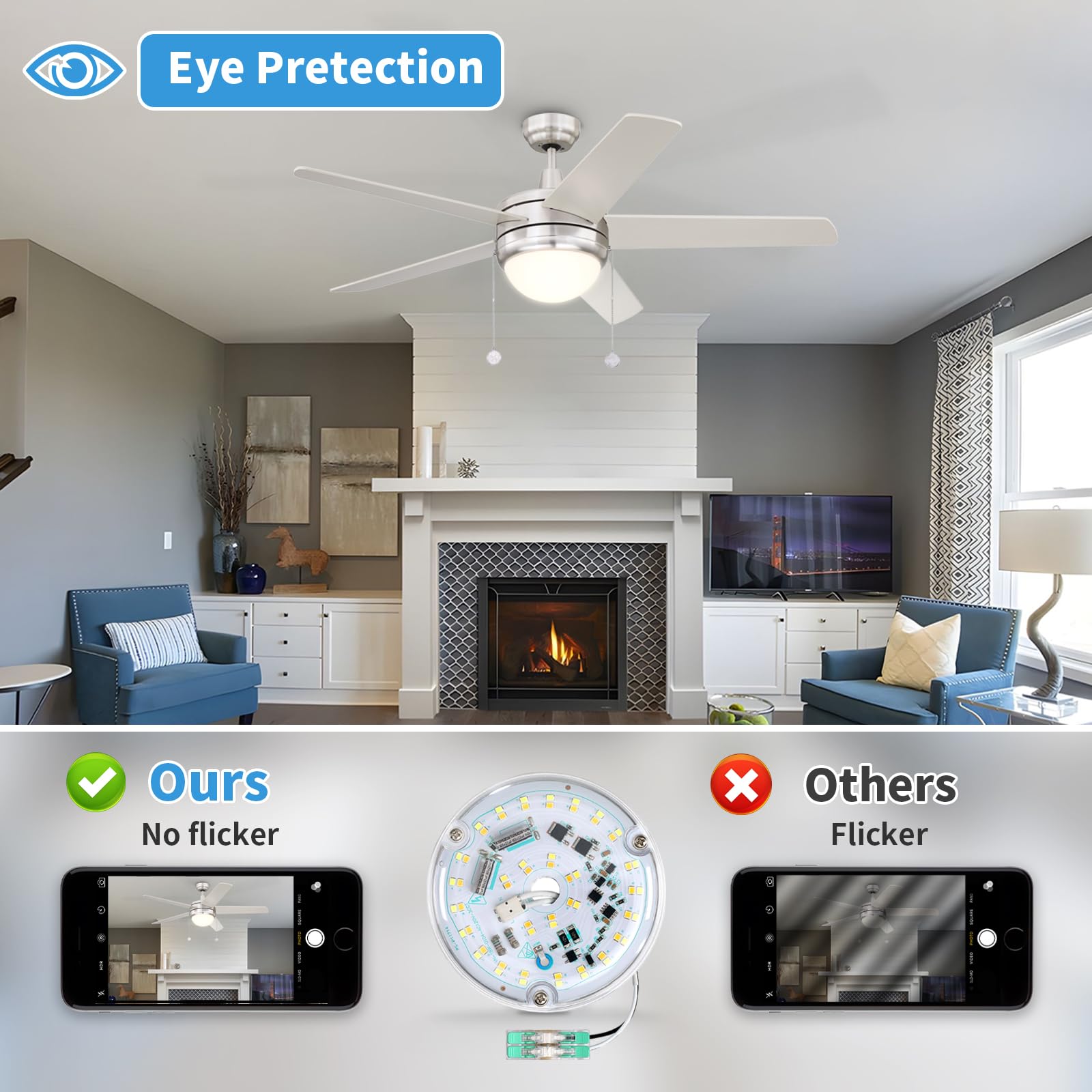 Caisens 4-Inch LED Ceiling Fan Light Kit, 18W 6000K, Dimmable, 2200LM, Natural Daylight White, Round Replacement Fixture