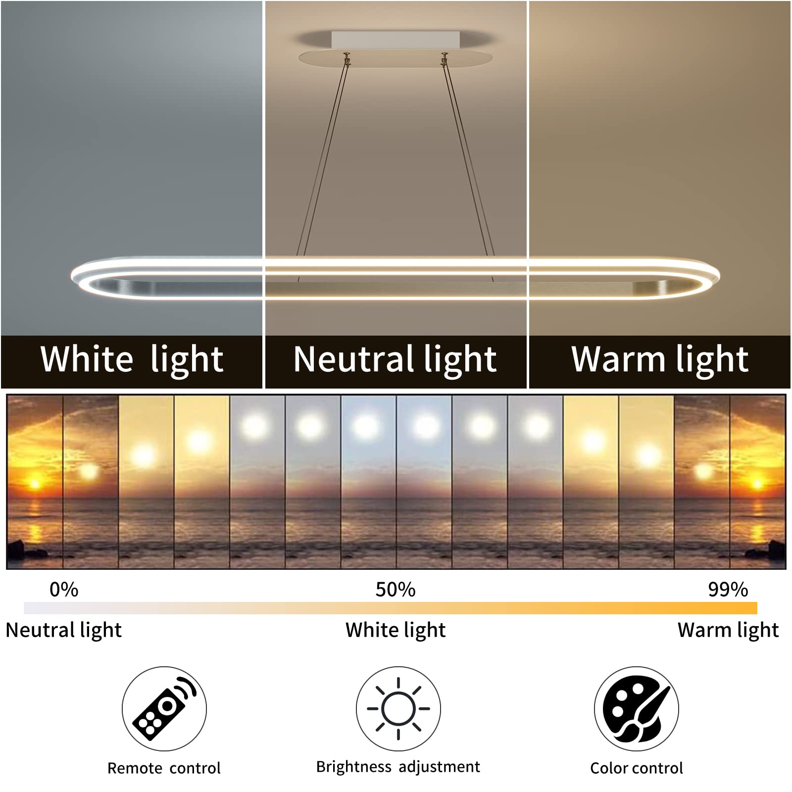 Matven Linear Pendant Light Fixture, Dimmable LED Chandelier, 3000K-6000K, 43.3in, Acrylic, Silver, Modern Design