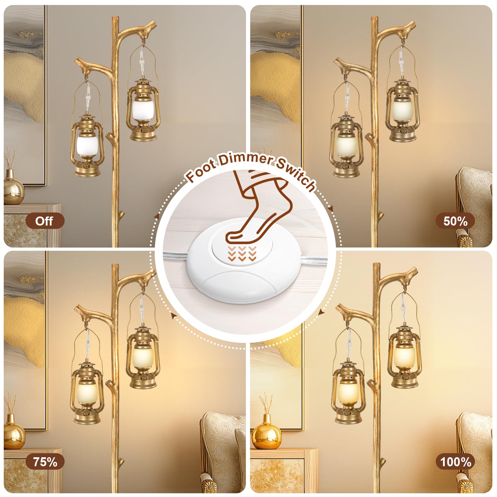 Scenekoy 68” Tall Gold Floor Lamp, Dimmable Resin Standing Light with Lanterns, Model SL034 for Modern Living Room & Bedroom Decor