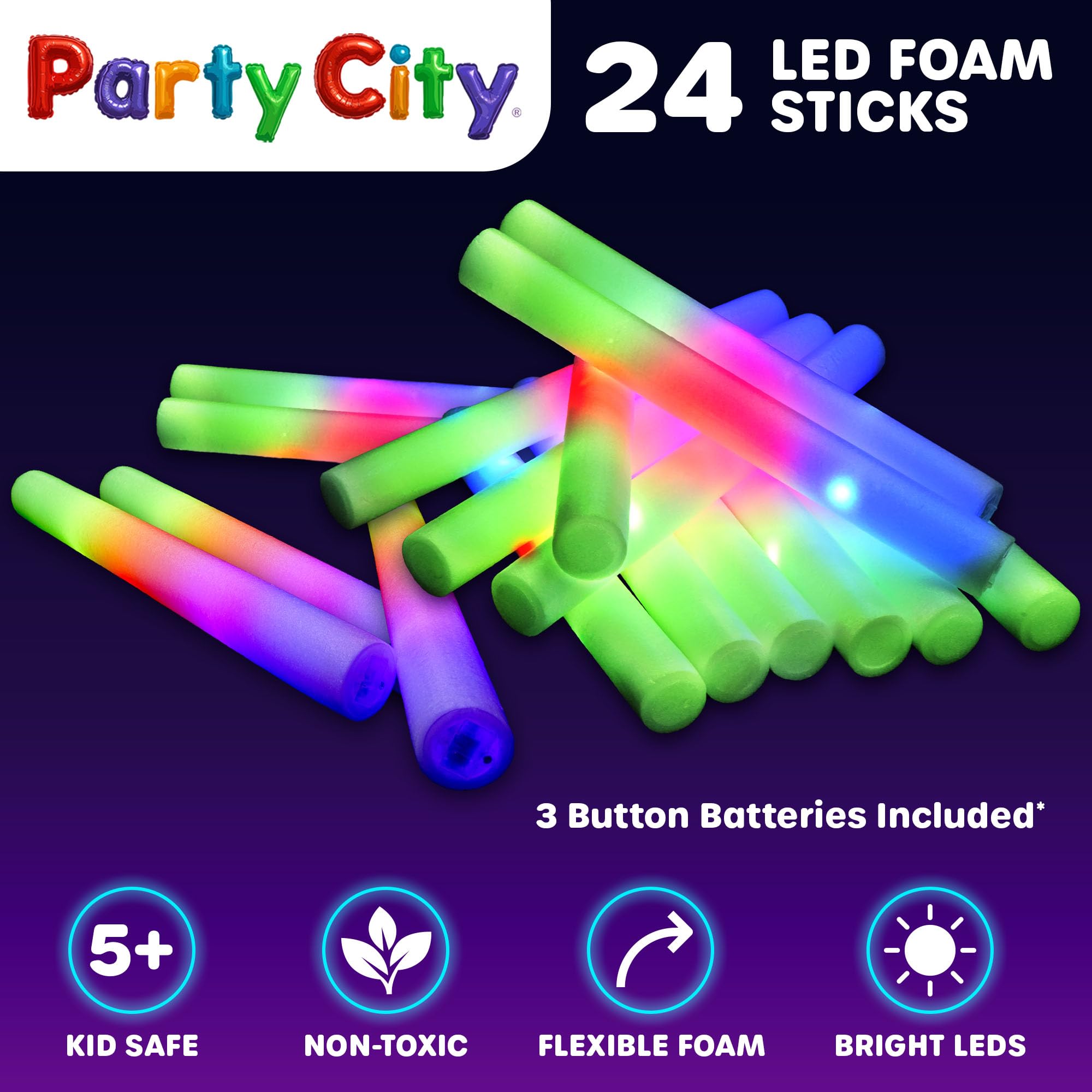 Party City LED Foam Glow Sticks 24pk - 14" Colorful Light Up Wands with 3 Modes - Glow in the Dark Party Supplies