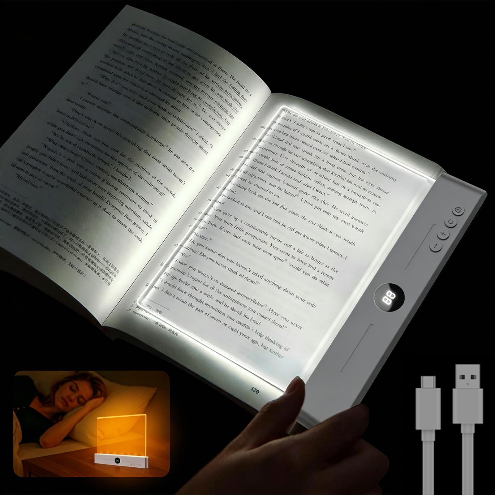 ECHBX Smart Flat Book Light, Rechargeable Clear LED Reading Light with 3 Colors & Timer, Dimmable Full Page Panel Plate Lamp, Ki