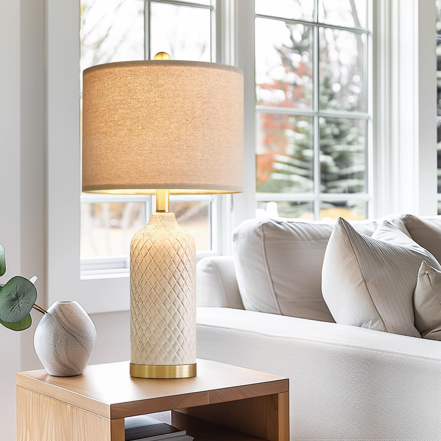 G-Safava Modern Ceramic Table Lamps Set Of 2, 24.25" Beige Gold For Living Room & Bedroom