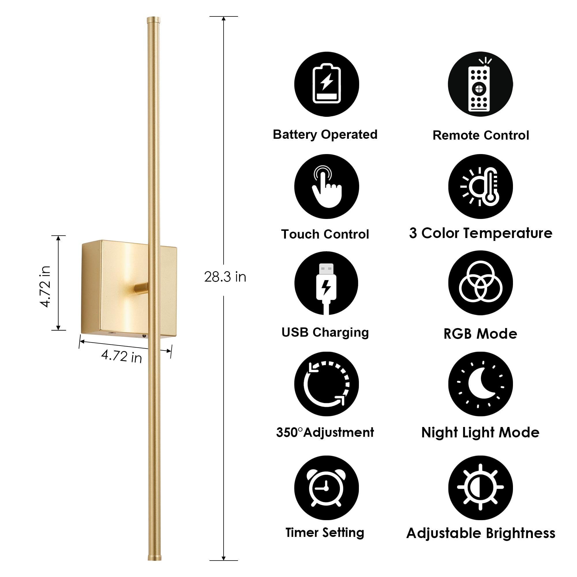 KARTOOSH Wireless Wall Sconces Set of Two, Dimmable LED, 28.3 Inch, Gold (RGB Colors), Remote Control, Model ZM210BGDR70