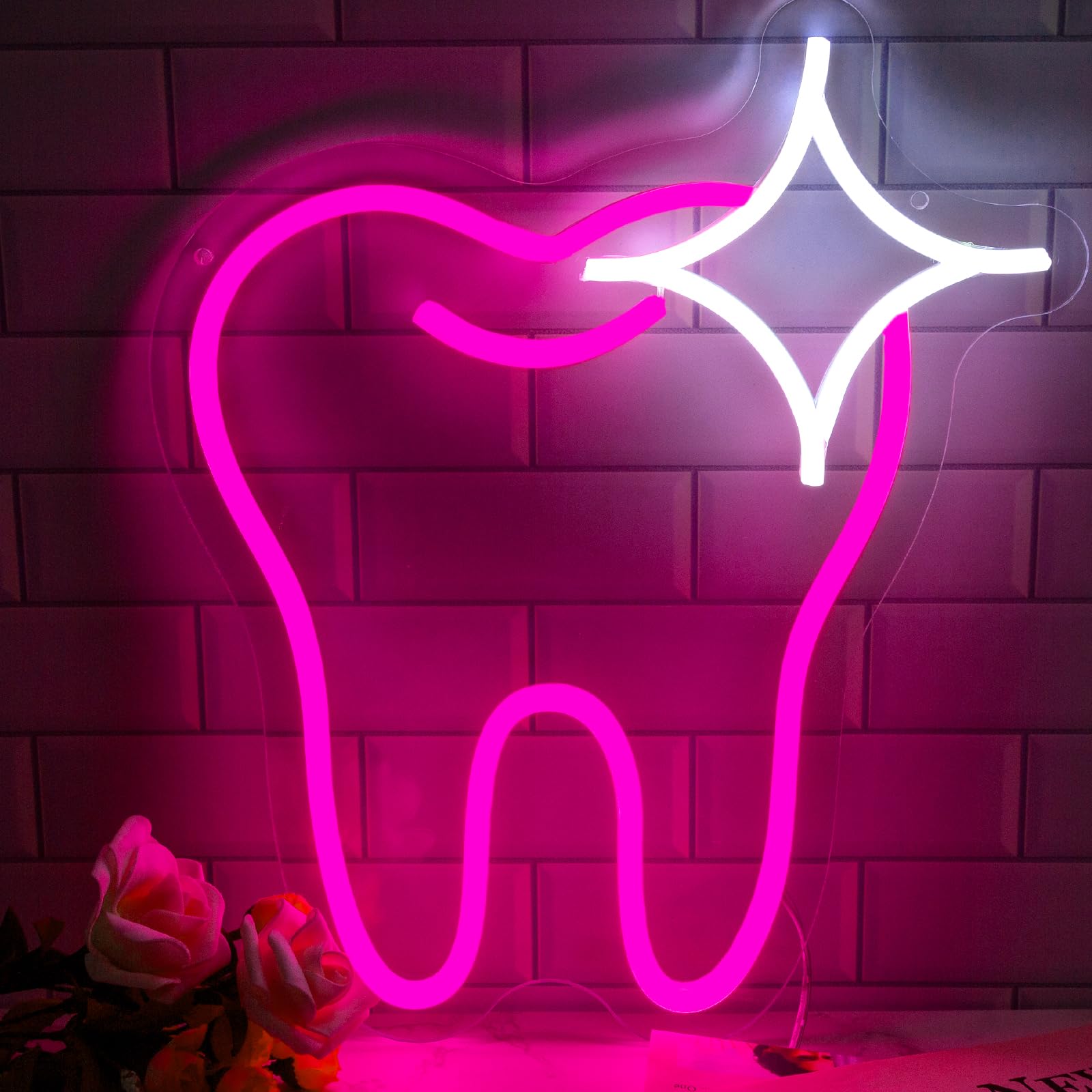 Moodlion Neon Sign Pink Tooth Decor Dental Office Light up Assistant Accessories Decoration, LED Neon Signs Smile Wall Art, Neon