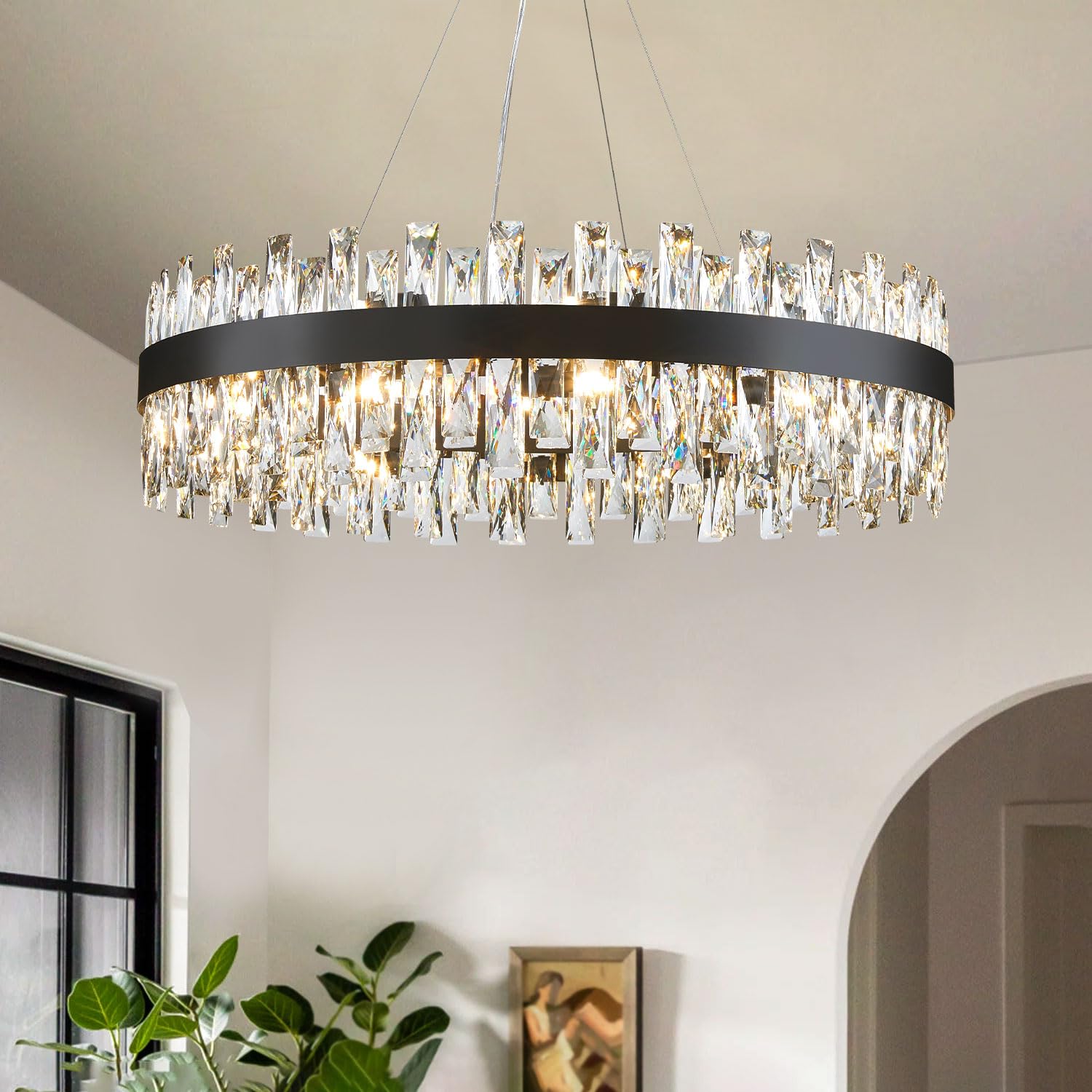 Tmafon Modern Black Crystal Chandelier Lights, Round K9 Crystal Raindrop Chandelier, Pendant Ceiling Light For Dining Living Roo