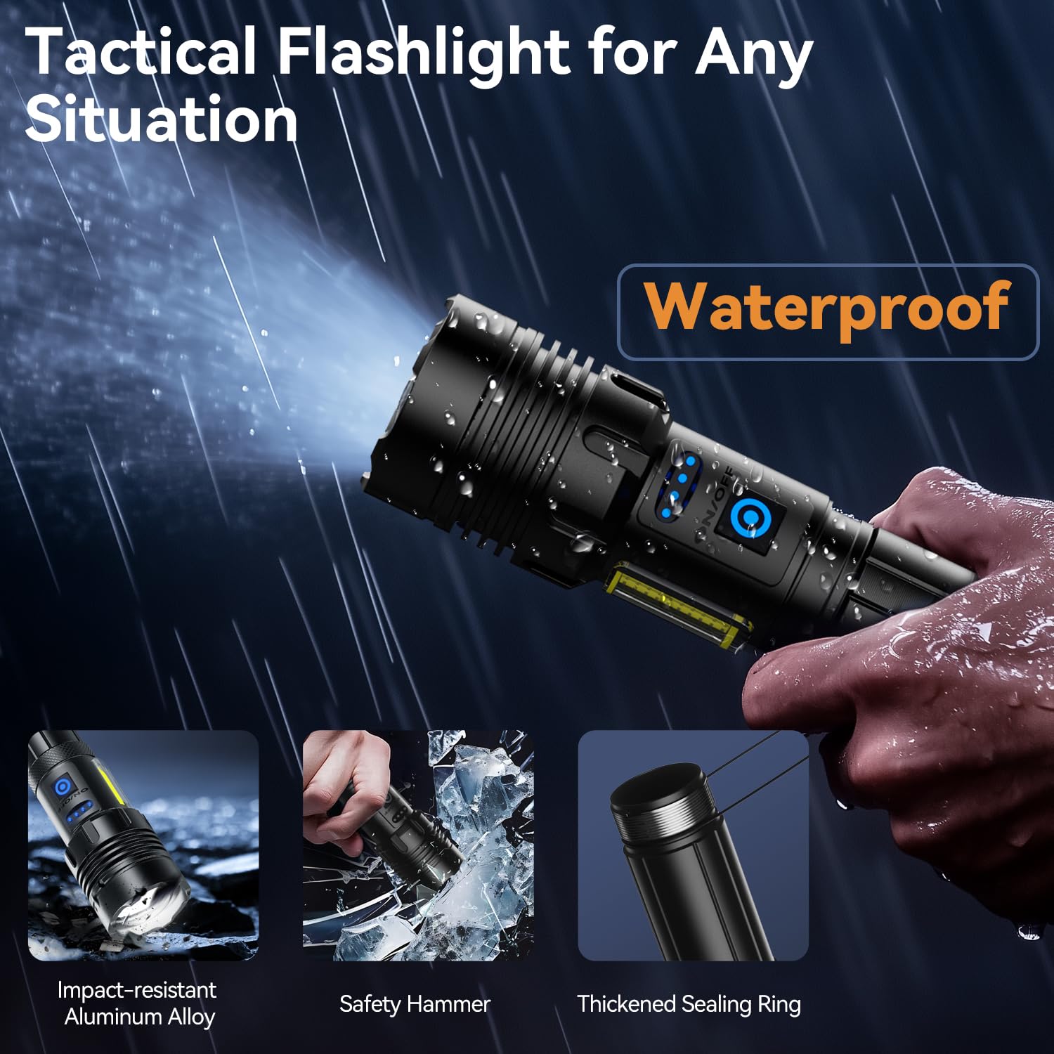 Wohingo Flashlight Rechargeable 2000 High Lumens IPX6 Waterproof Super Bright Flashlight with 7 Modes & COB Side Light, Zoomable